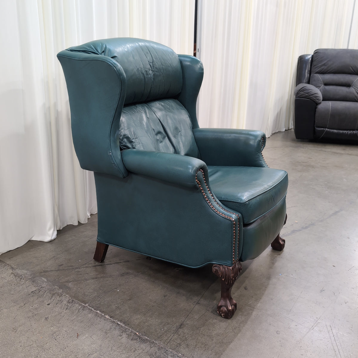 Deep Green Tufted Leather Armchair with Nailhead Trim