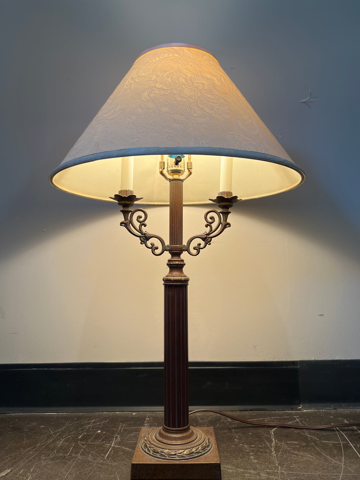 Vintage Bronze Column Table Lamp with Embossed Shade