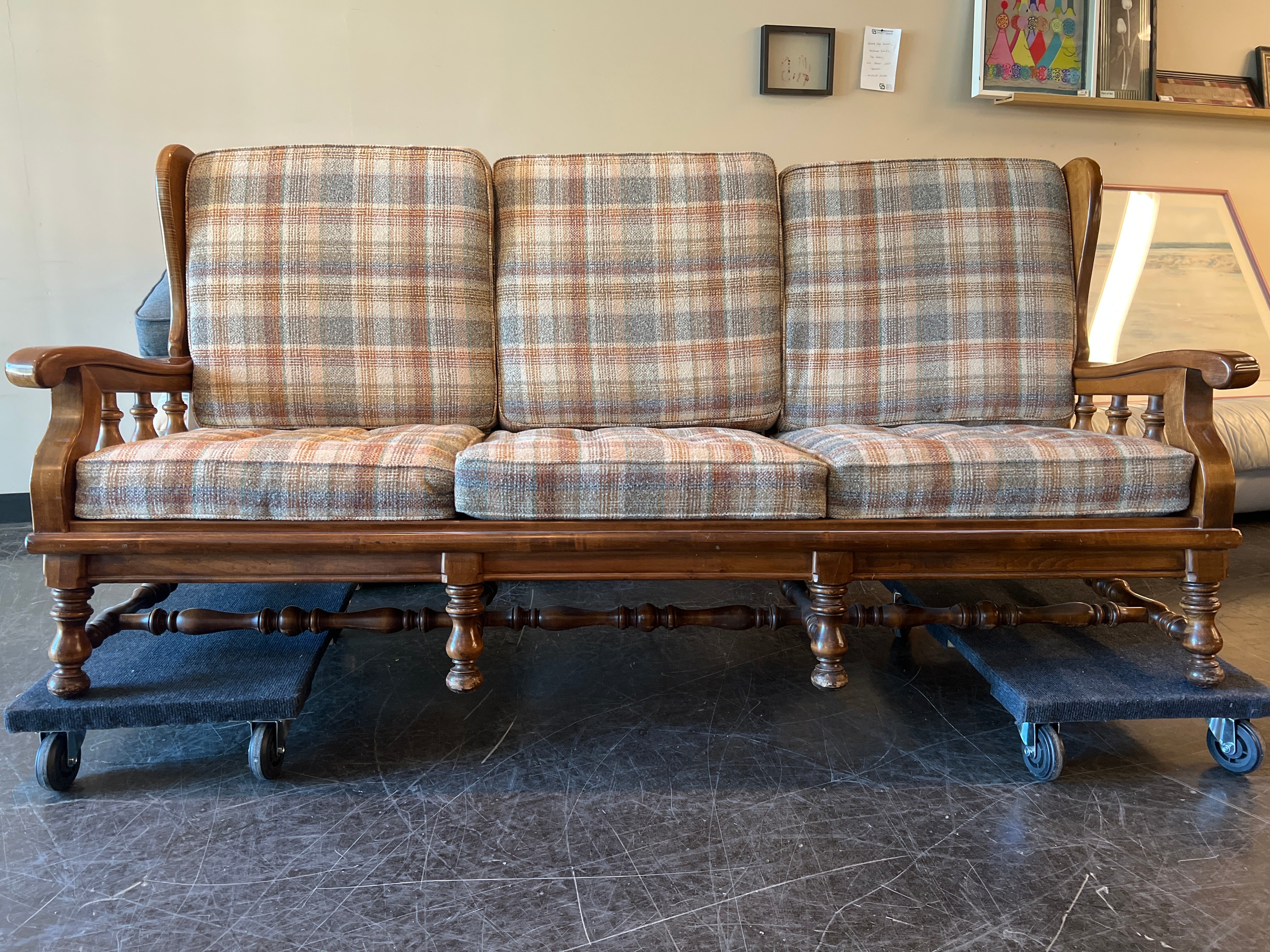 Rustic Wooden Settee with Plaid Cushion