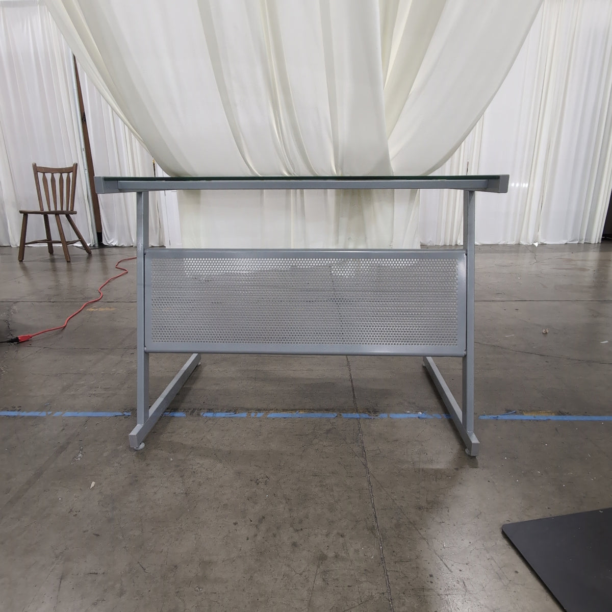 Modern Silver Metal and Glass Desk with Perforated Shelf