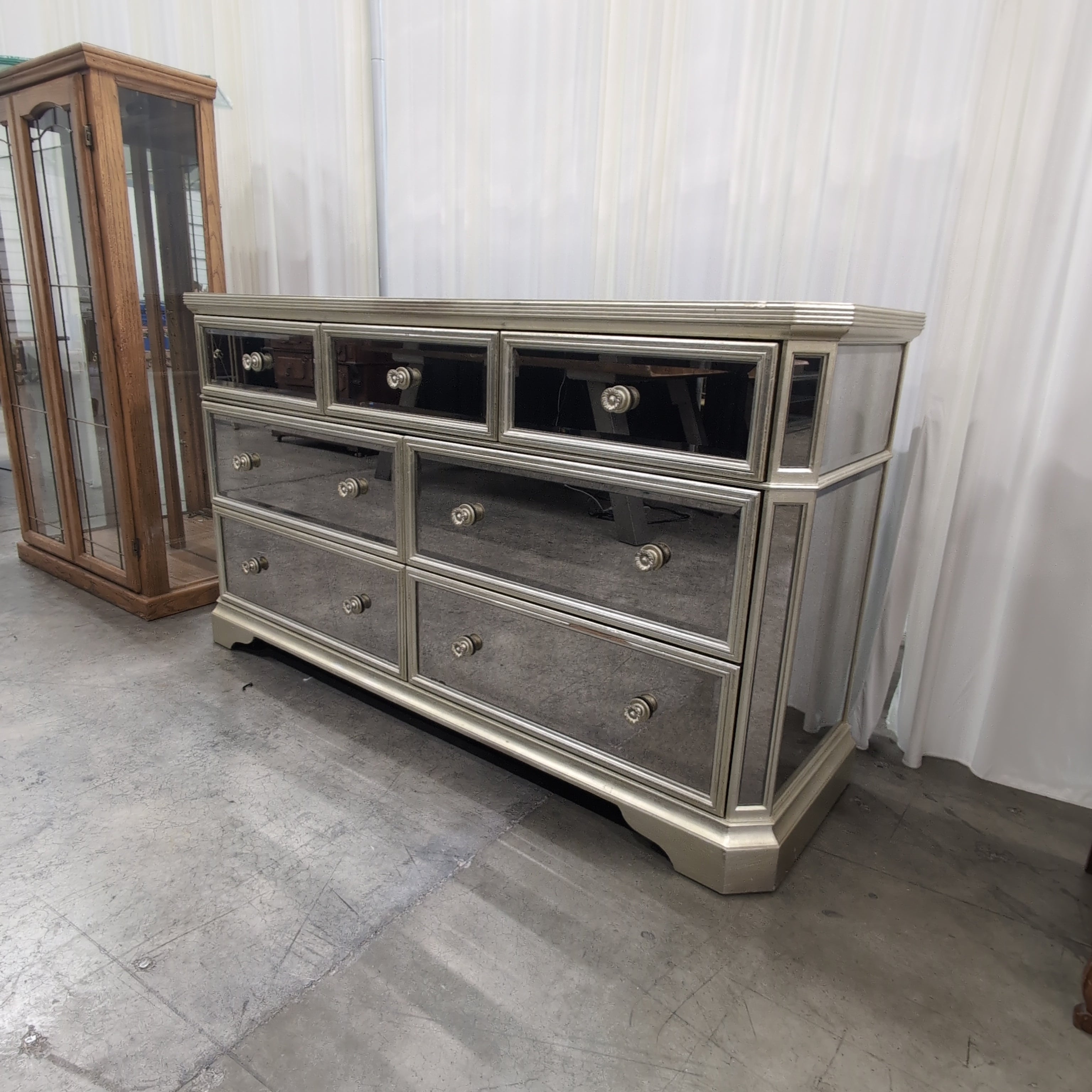 Champagne Mirrored Seven-Drawer Dresser with Ornate Pulls