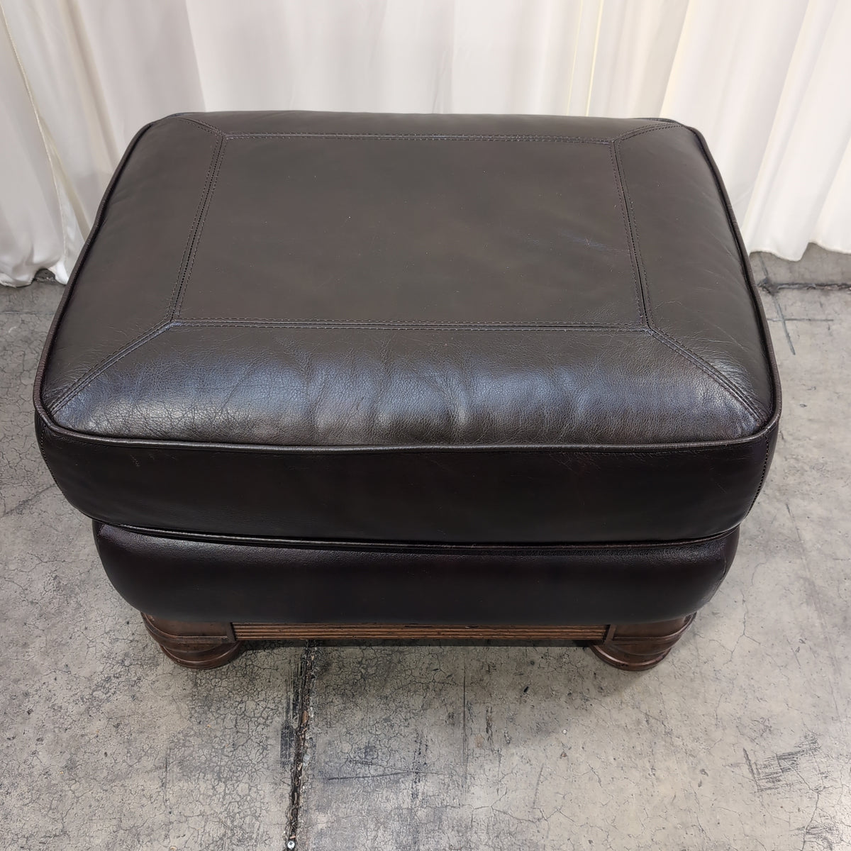 Dark Brown Leather Square Ottoman with Turned Wood Feet