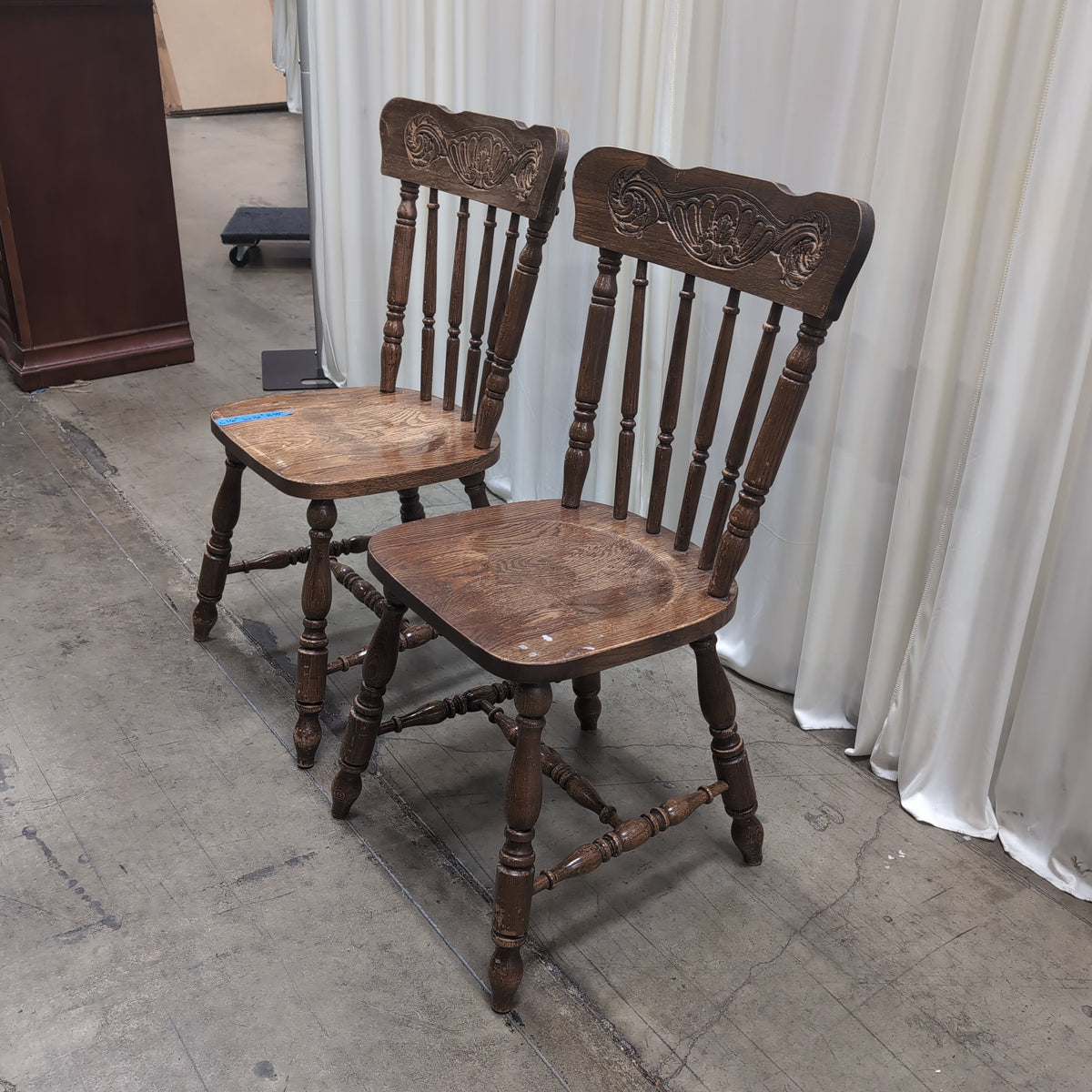 Pair of Brown Carved Spindle Back Dining Chair Pair