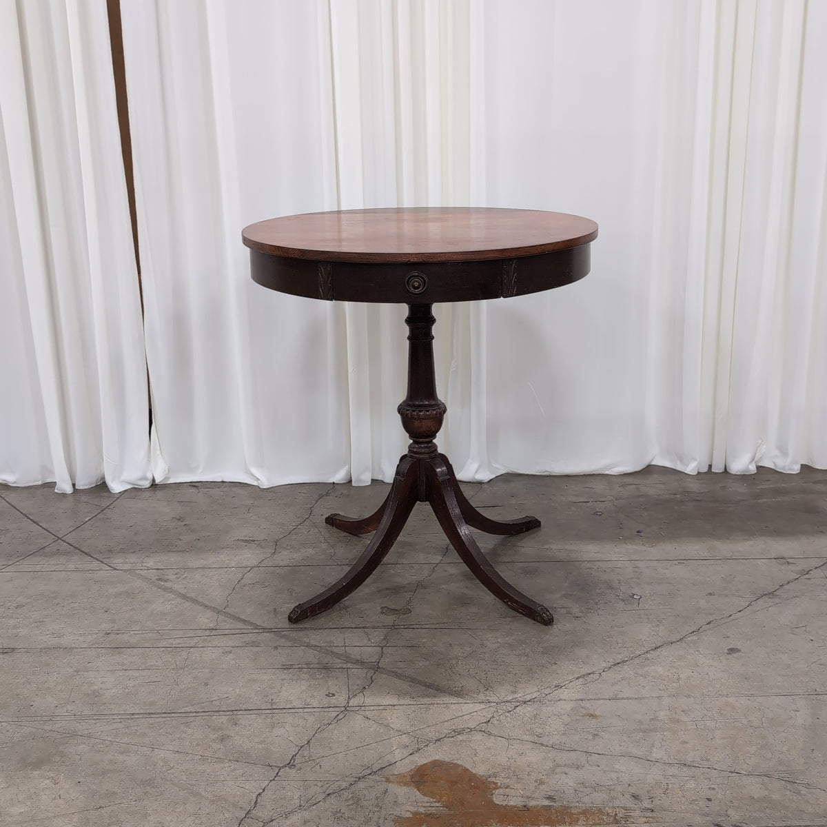 Two-Tone Wood Round End Table with Carved Details