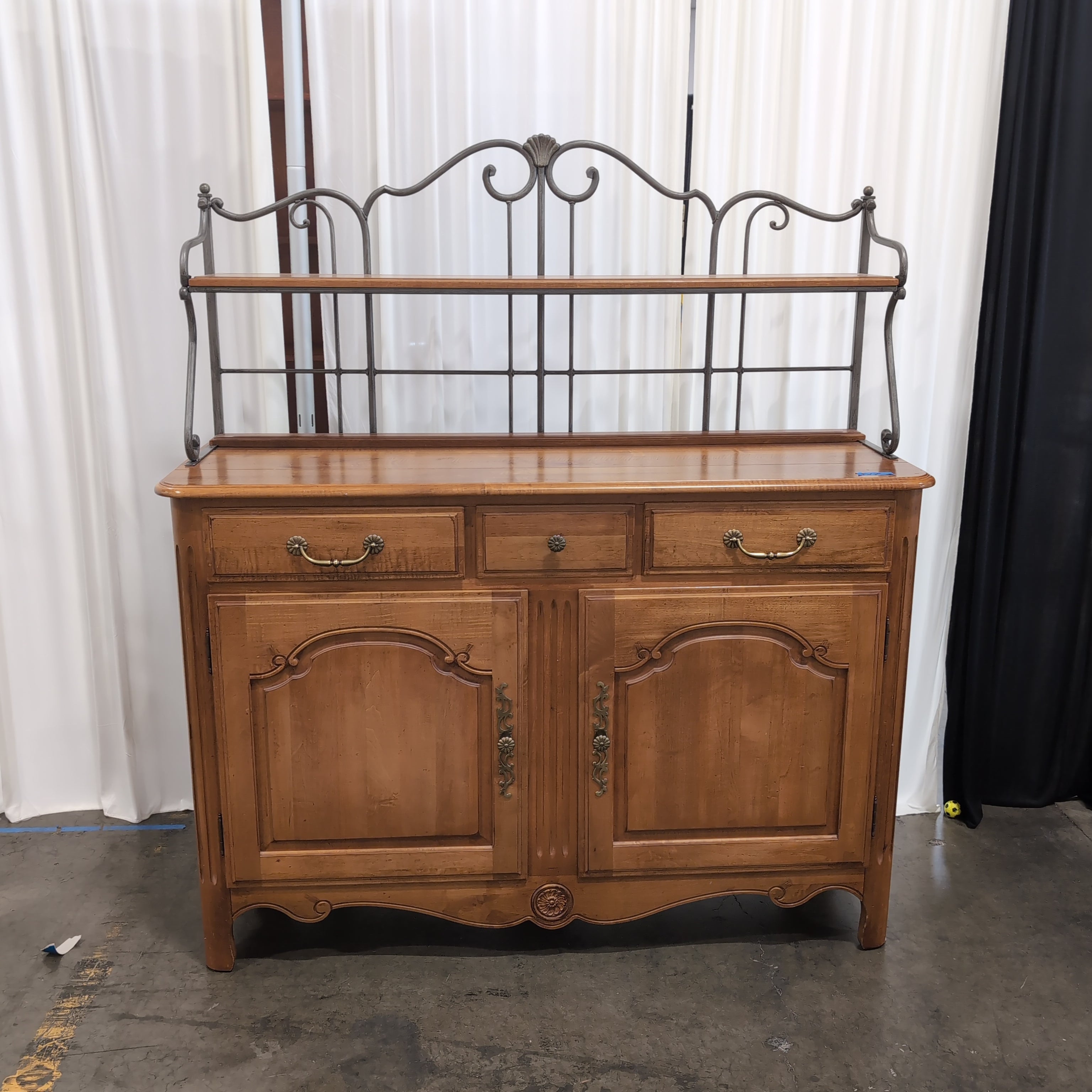 French Provincial Style Wood Buffet with Metal Hutch