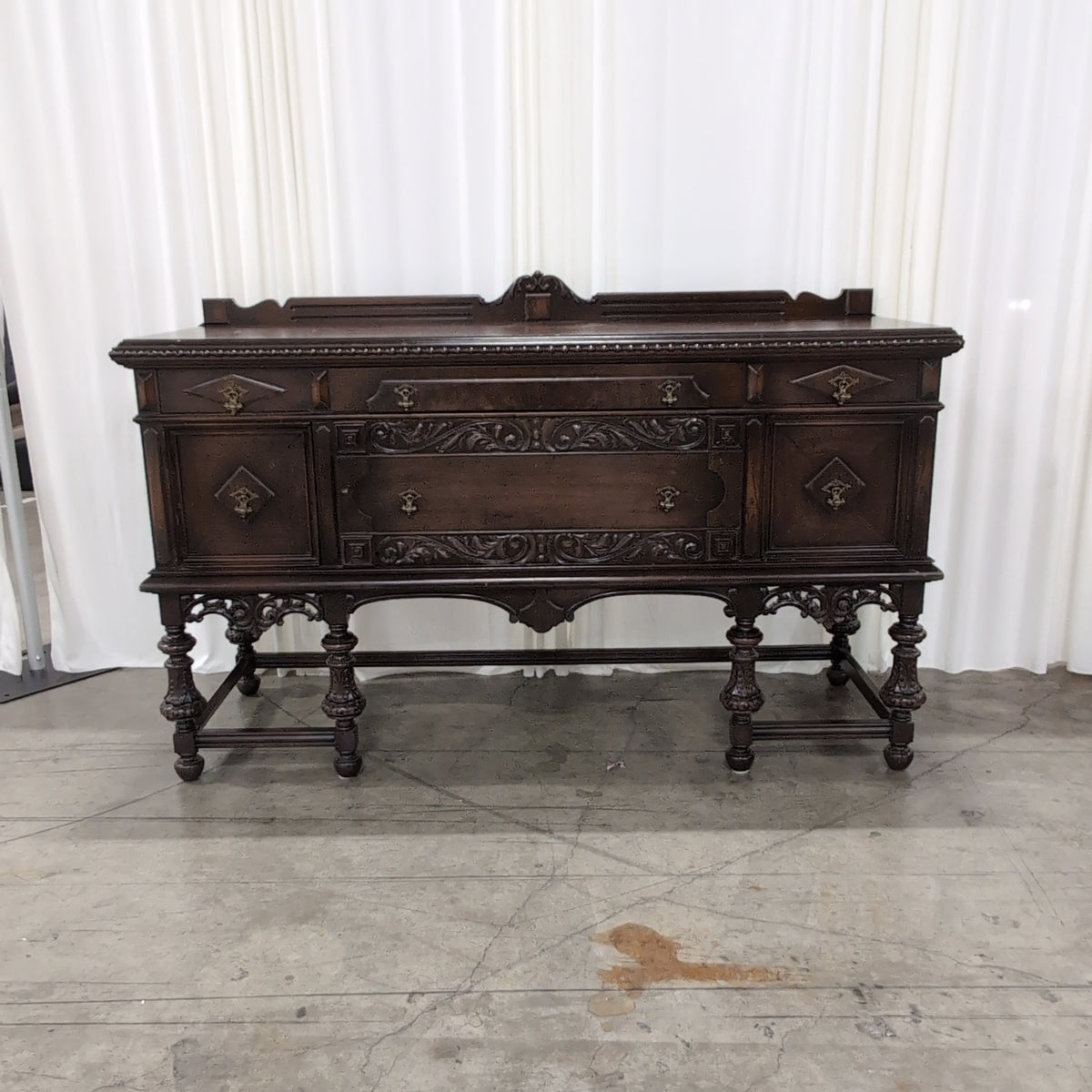 Dark Wood Ornate Carved Buffet with Turned Legs