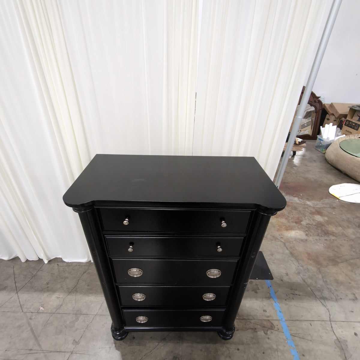 Black Wood Six-Drawer Dresser with Silver Hardware