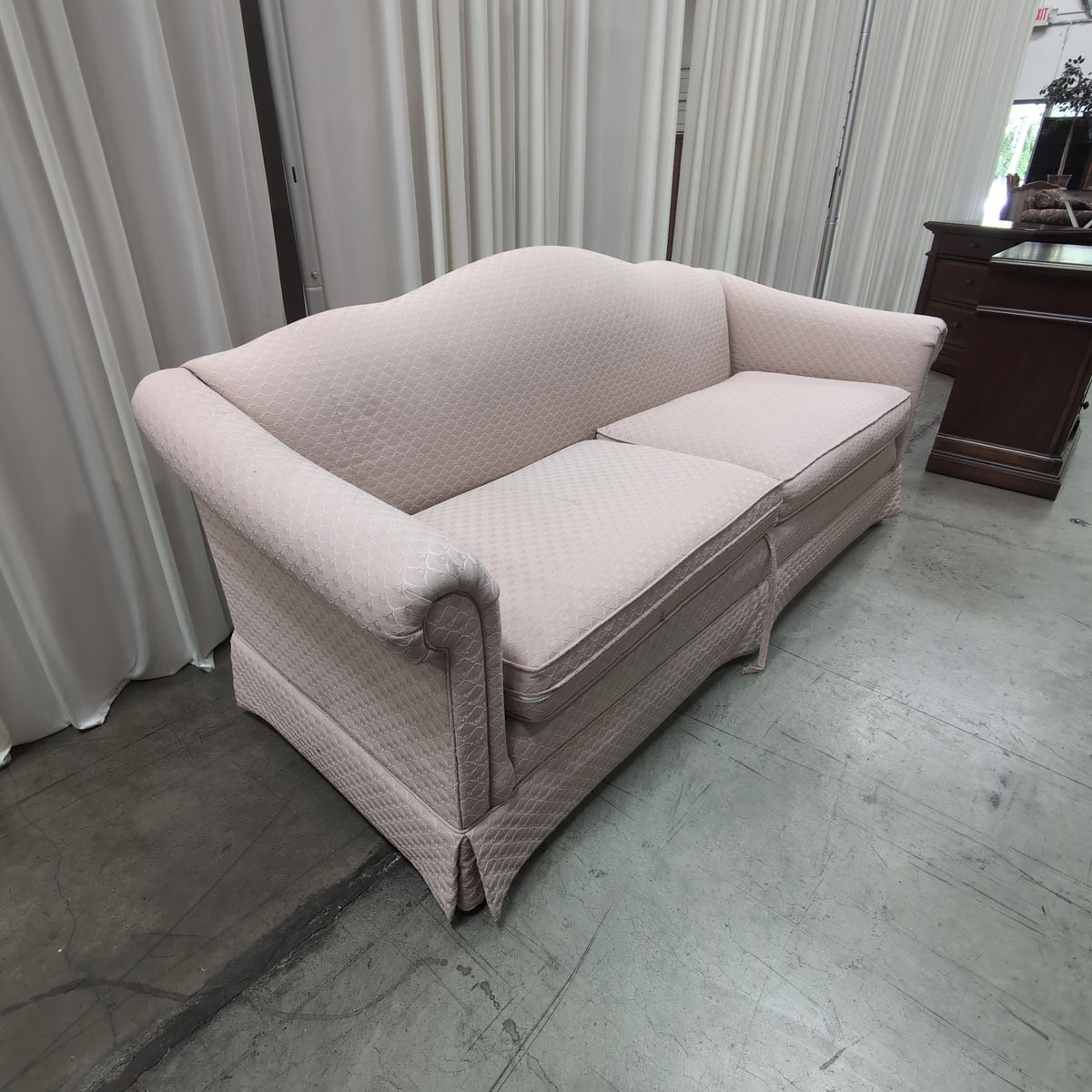 Blush Rolled Arm Couch with Skirted Base