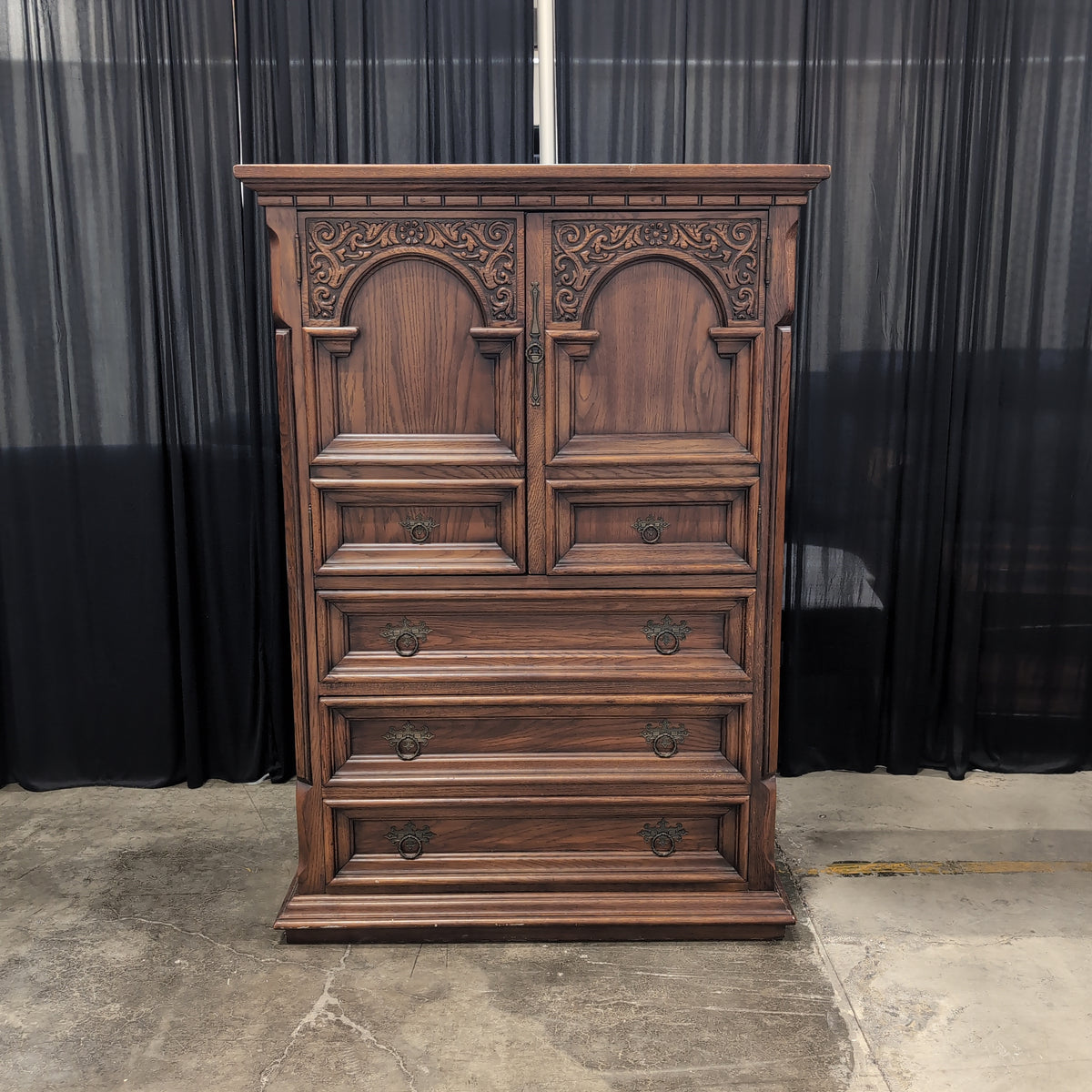 Dark Wood Carved Traditional Armoire with Ornate Hardware