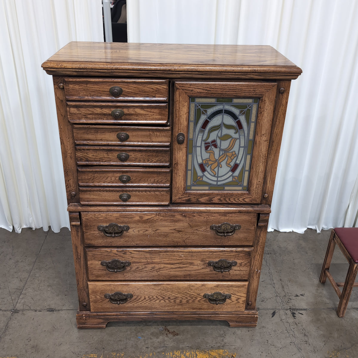 Oak Wood Dresser with Stained Glass Cabinet