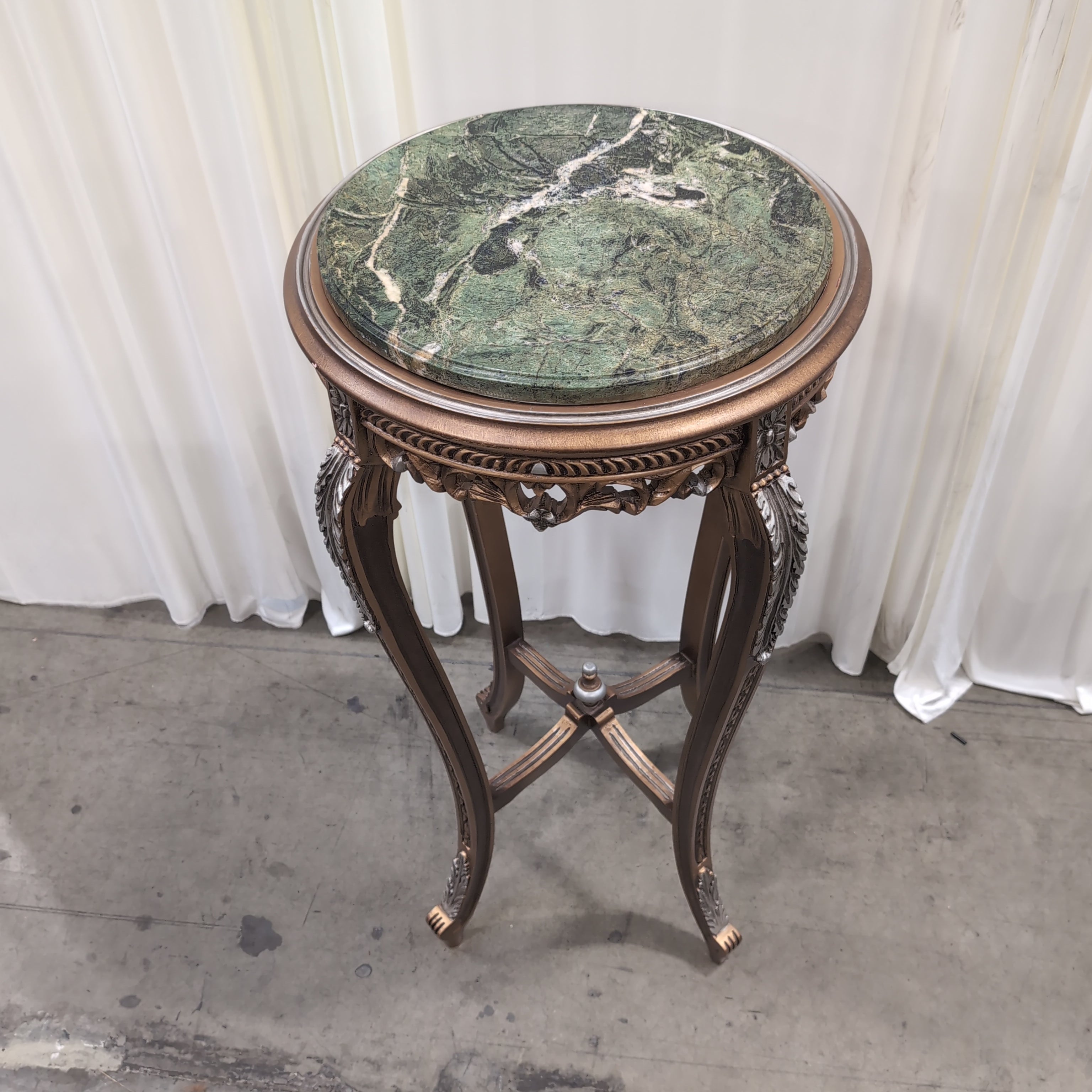 Ornate Bronze and Silver Accent End Table with Green Marble Top