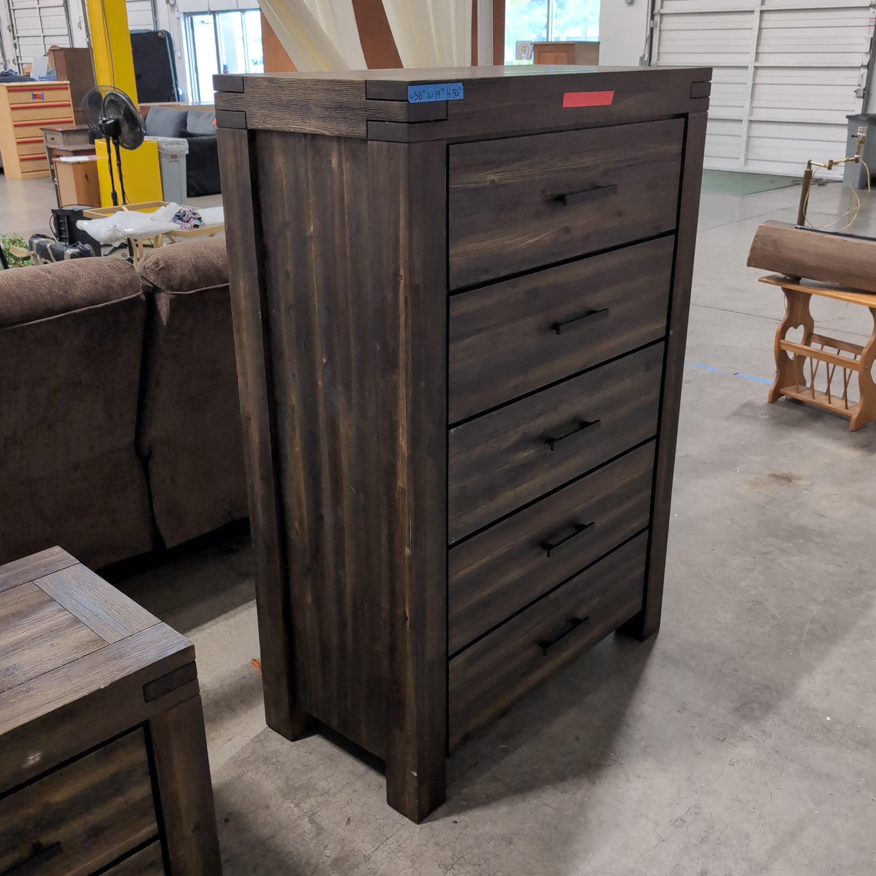 Rustic Dark Wood Five-Drawer Dresser with Black Pulls