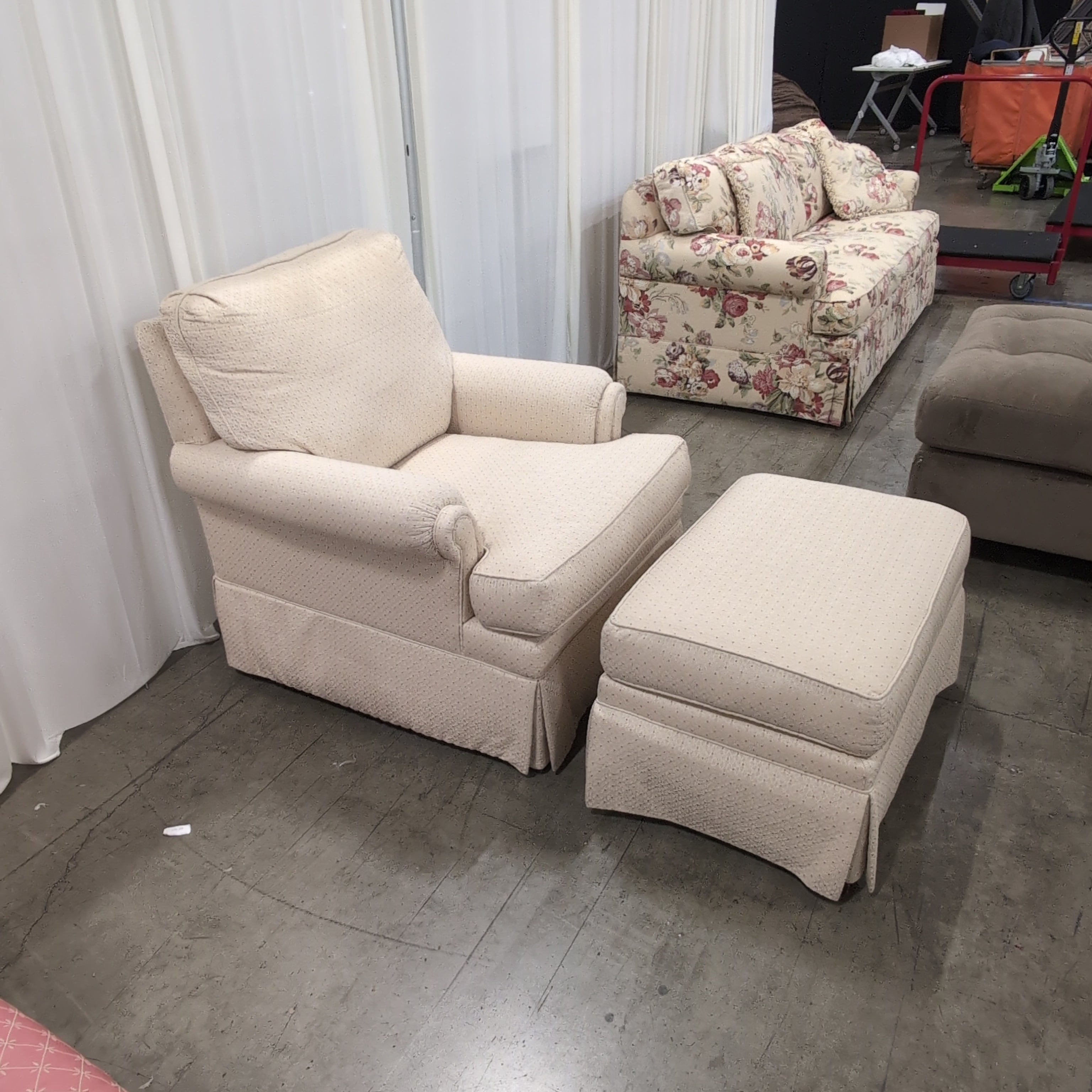 Ethan Allen Cream Patterned Upholstered Armchair with Ottoman