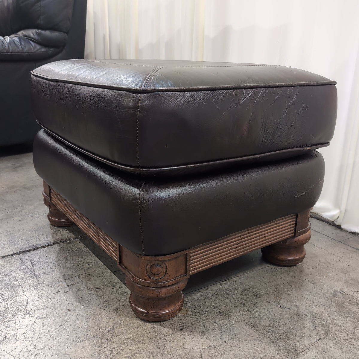 Dark Brown Leather Square Ottoman with Turned Wood Feet