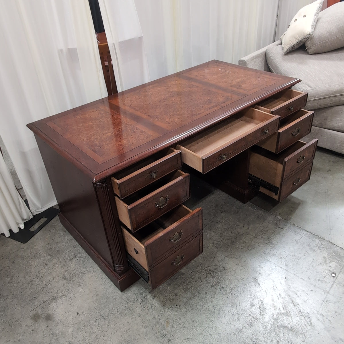 Traditional Mahogany Burl Top Executive Desk