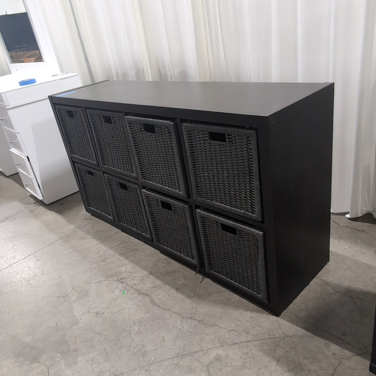 Dark Brown Eight-Cube Bookcase with Grey Baskets