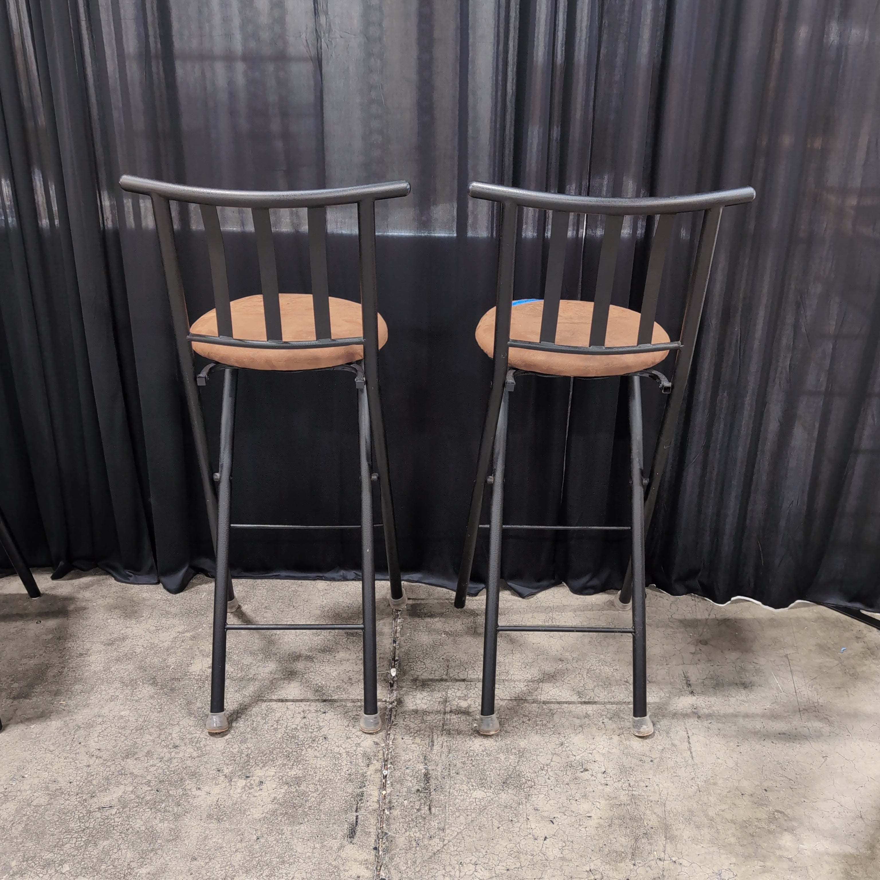Pair of Grey Metal Ladder Back Bar Stools with Brown Upholstery
