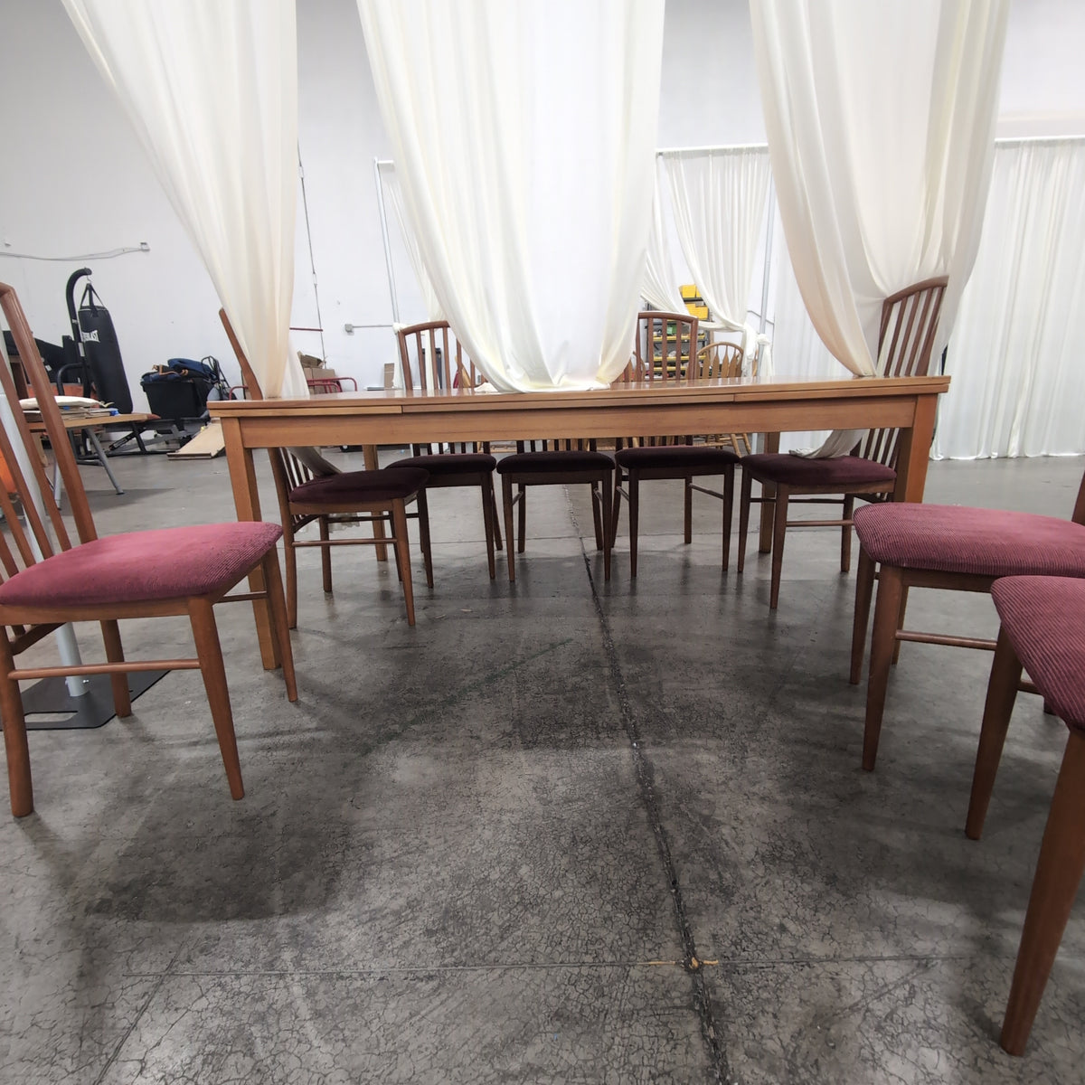 IMS SRL Medium Wood Dining Table with Eight Slat-Back Chairs