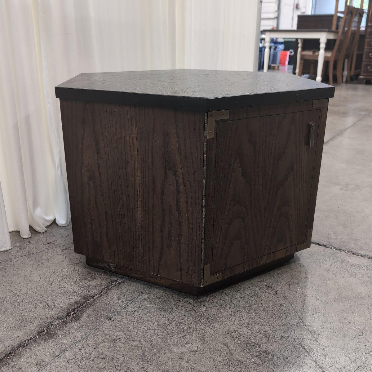 Campaign Style Hexagonal End Table in Dark Wood