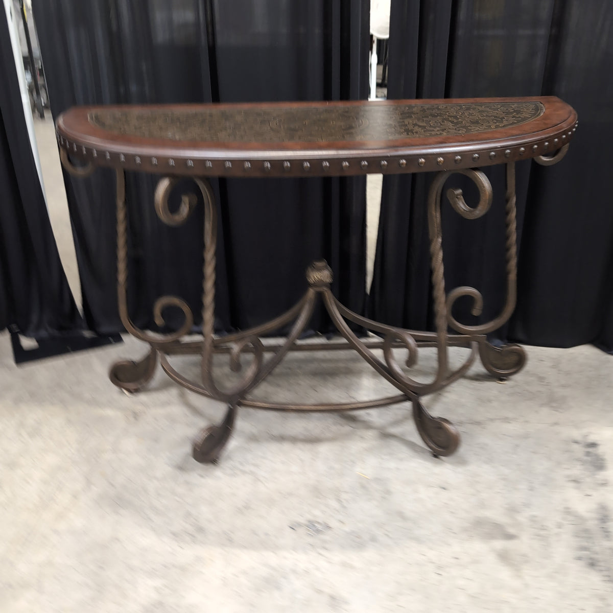 Demilune Dark Wood Console Table with Ornate Metal Base