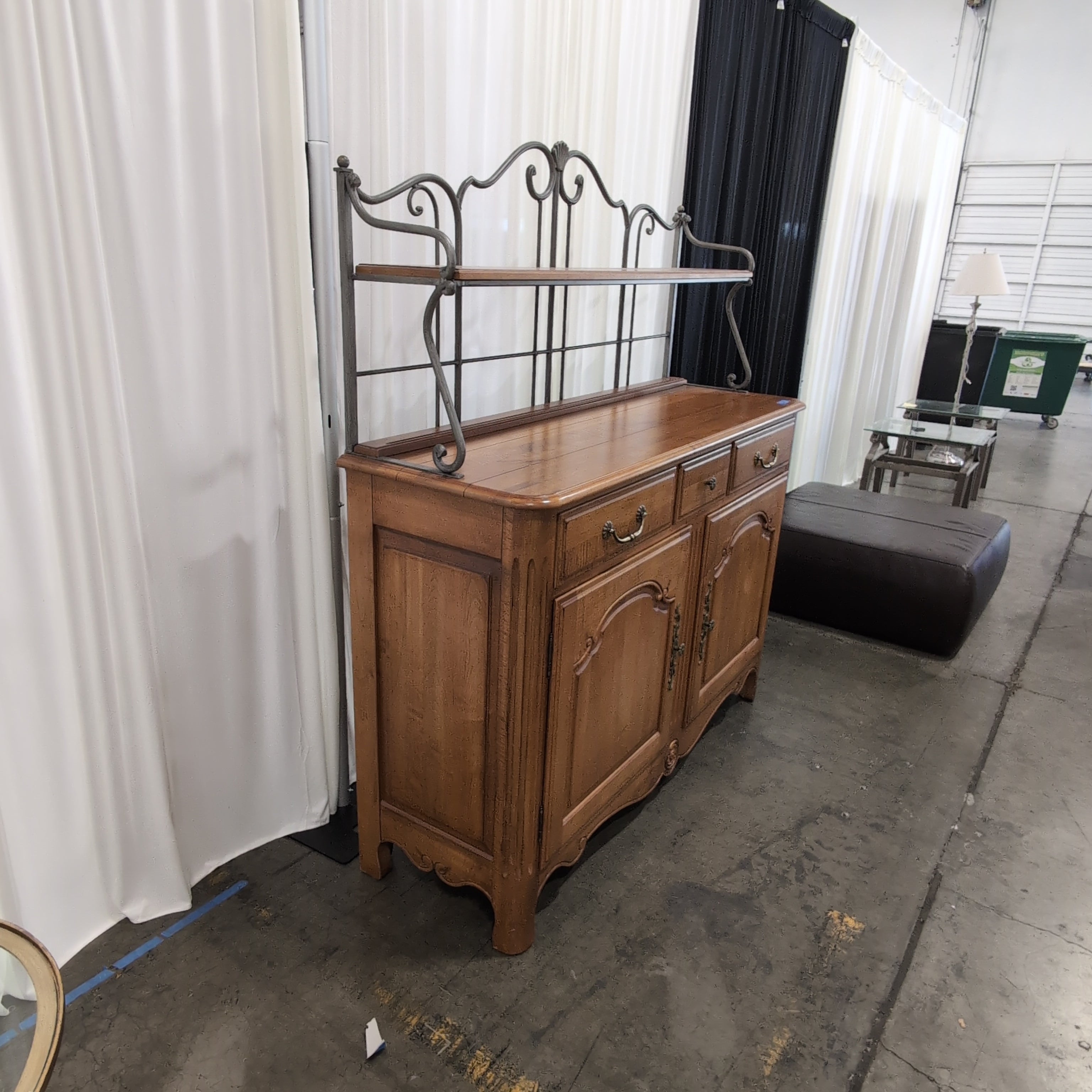 French Provincial Style Wood Buffet with Metal Hutch