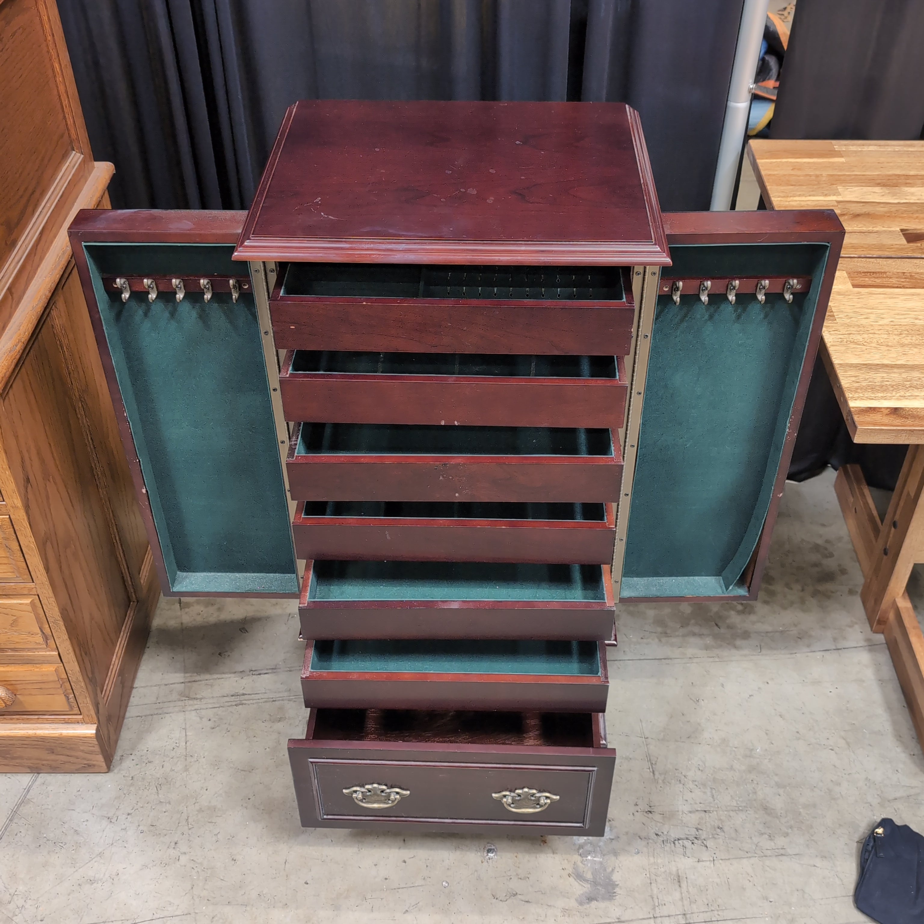 Dark Cherry Finish Wood Jewelry Armoire with Ornate Hardware