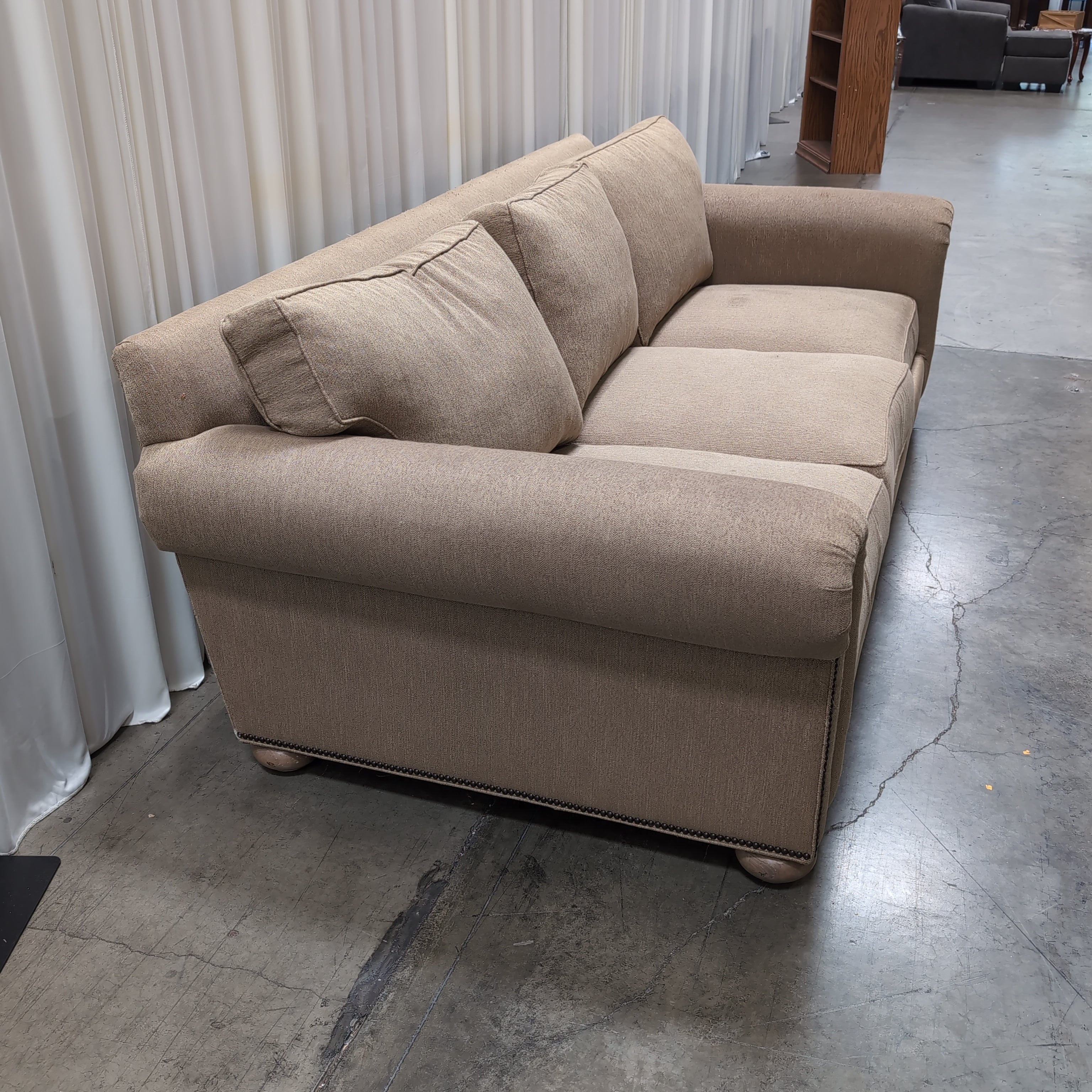 Tan Woven Fabric Three-Cushion Couch