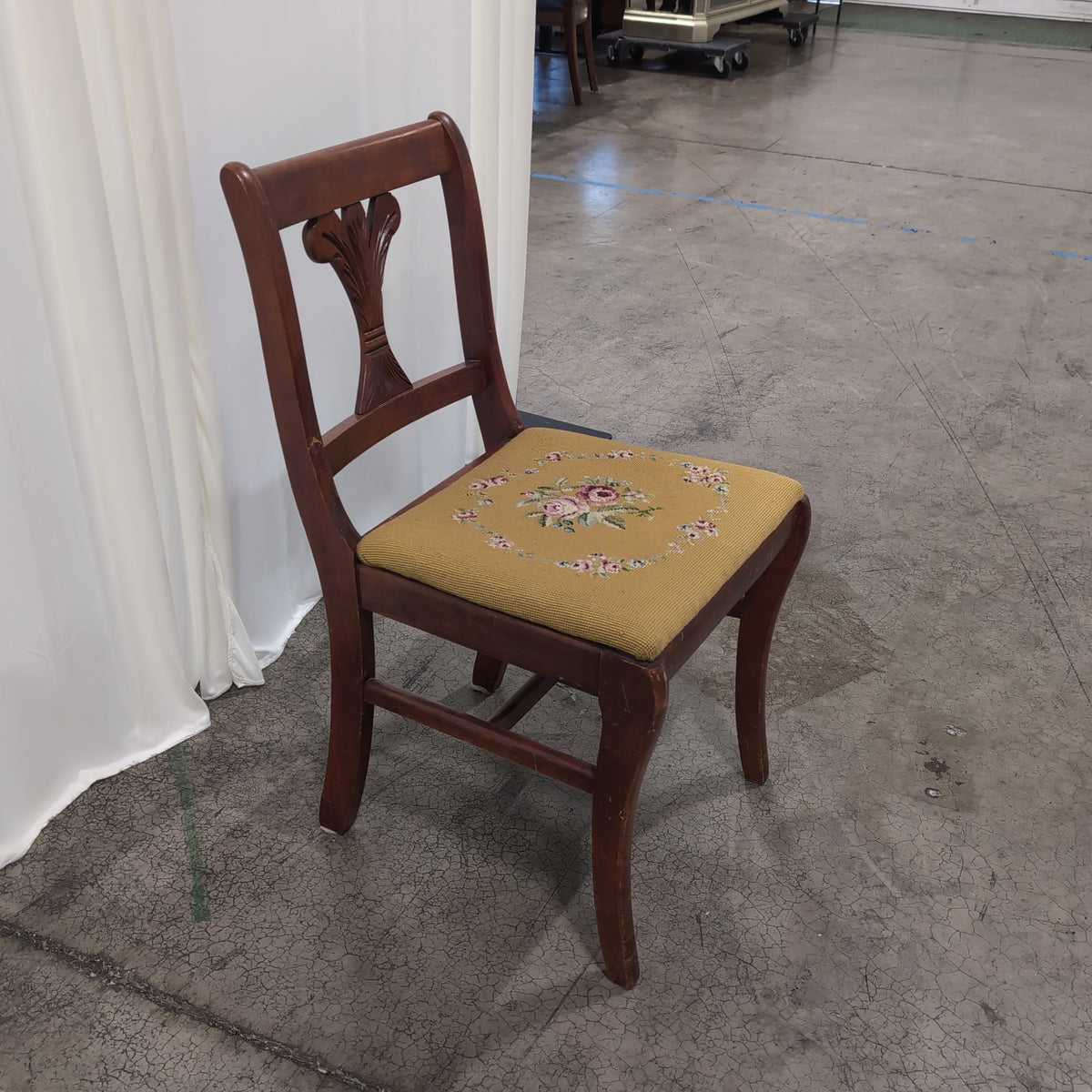 Traditional Carved Wood Dining Chair with Needlepoint Seat