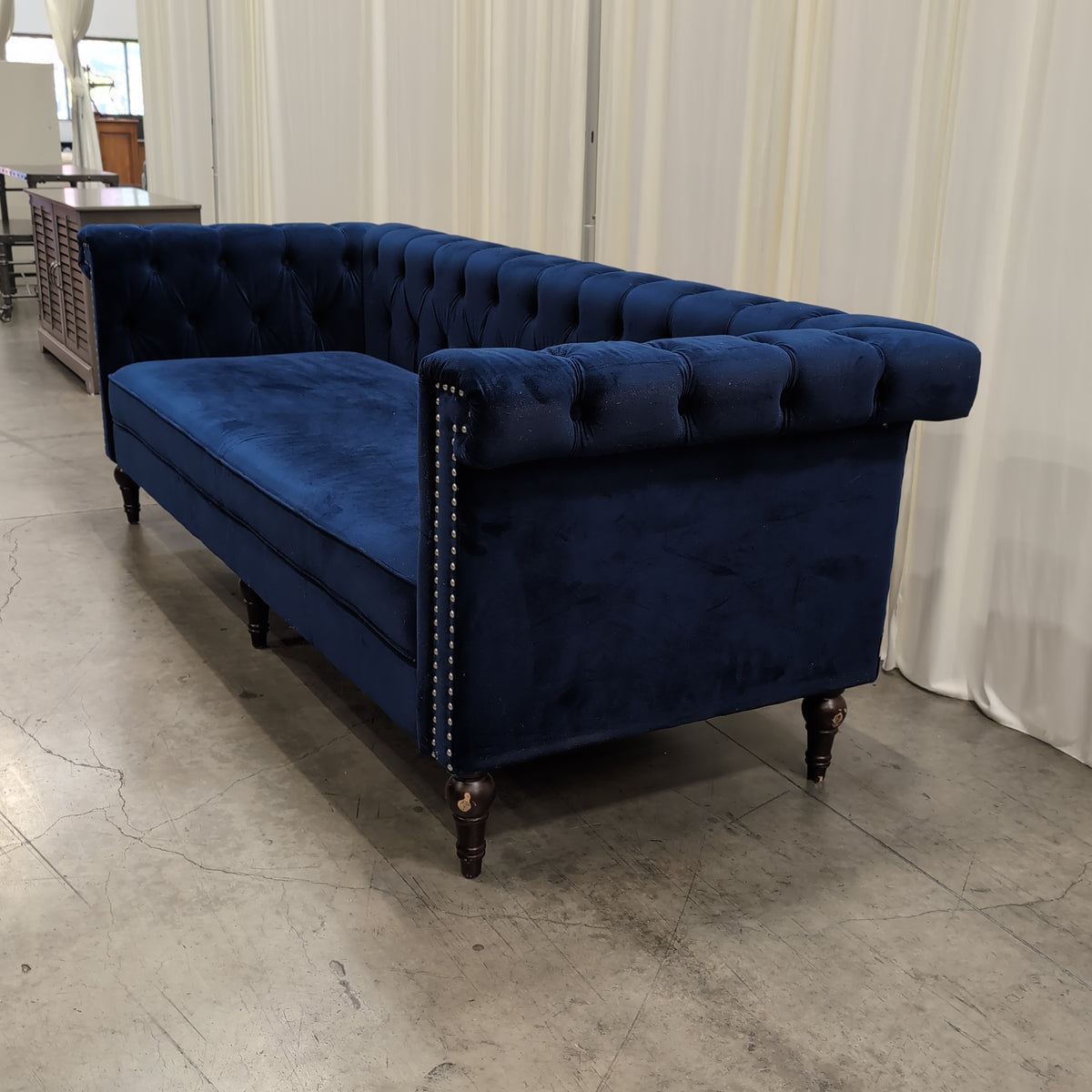 Deep Blue Tufted Velvet Couch with Nailhead Trim