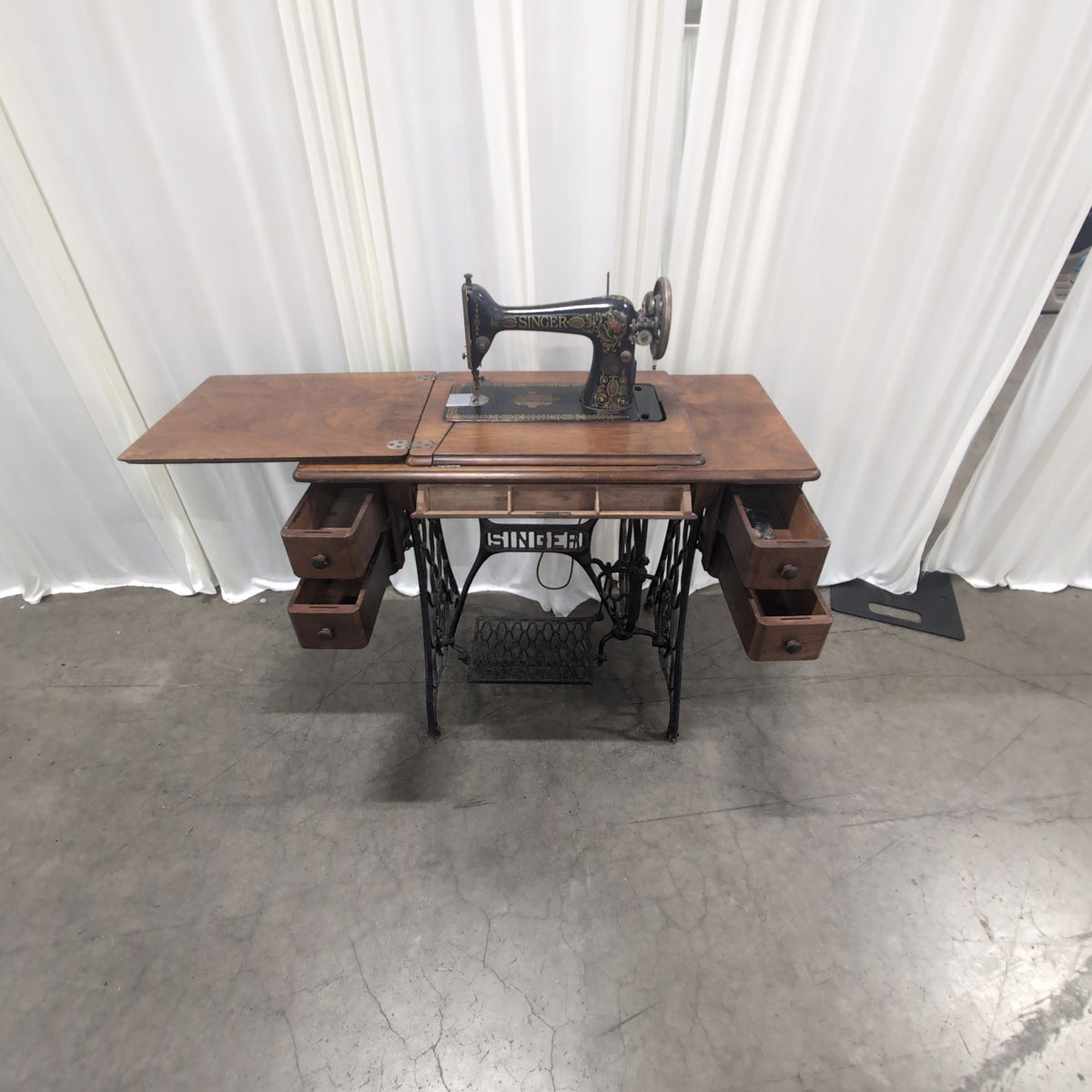 Vintage Wood Cabinet Sewing Machine with Cast Iron Base