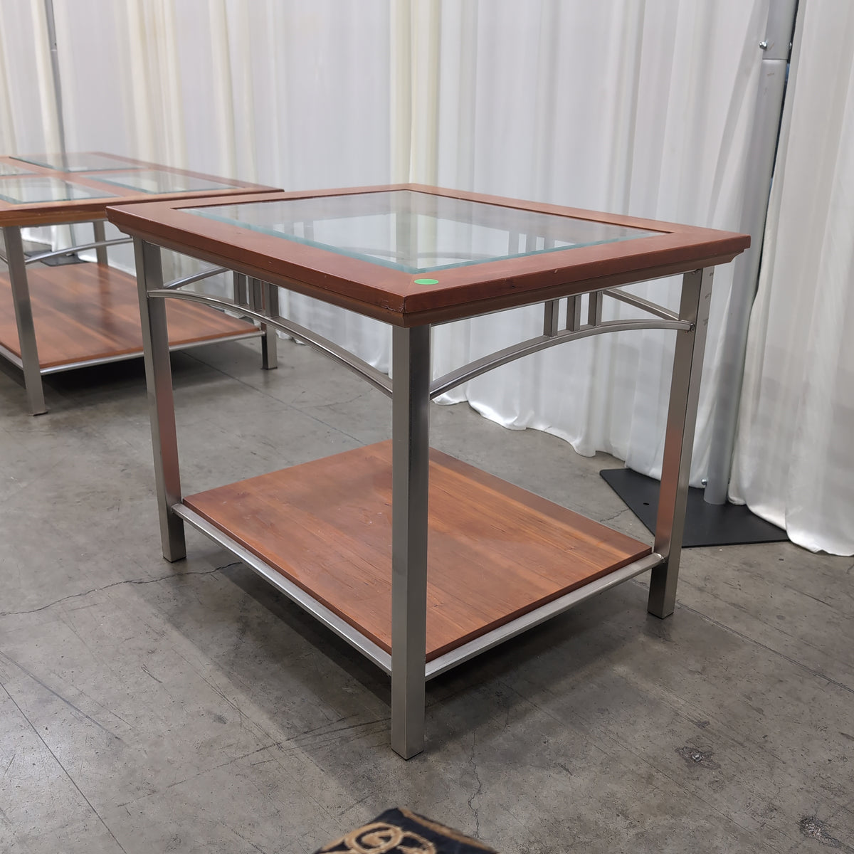 Cherry-Toned Wood and Metal End Table with Glass Top