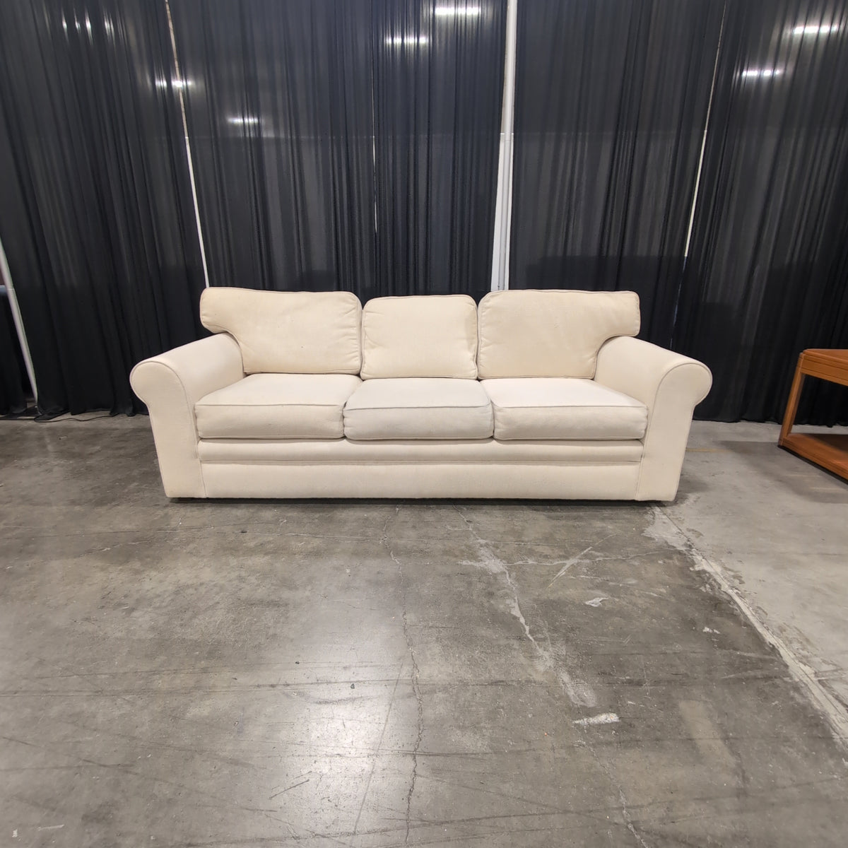 Shenandoah Cream Textured Fabric Three-Seat Couch with Rolled Arms