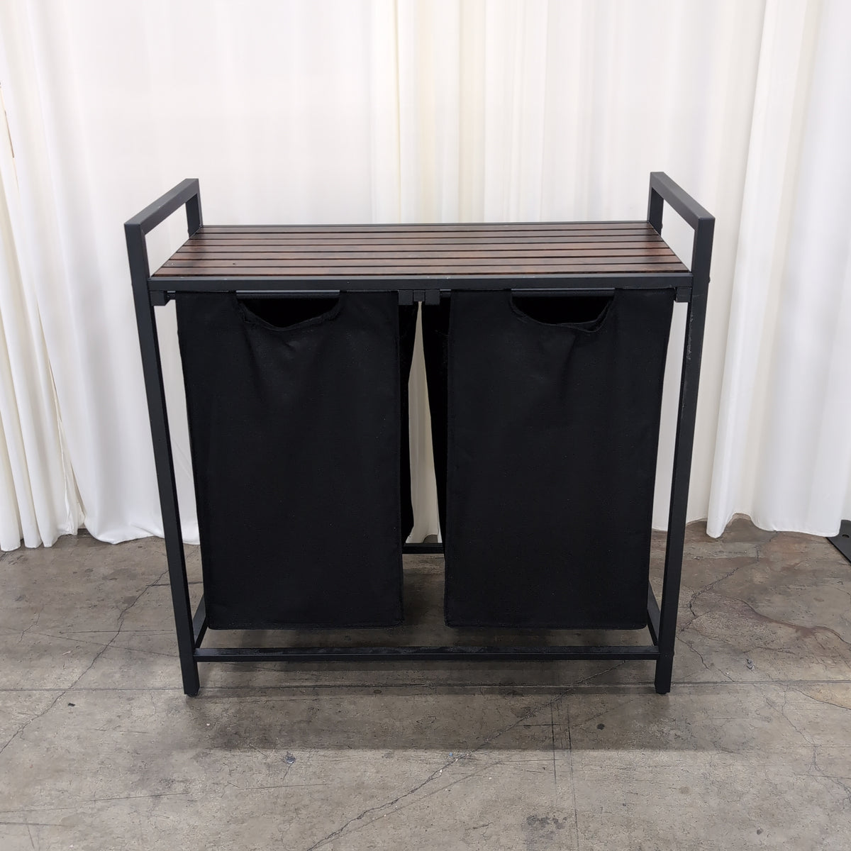 Industrial Black Metal Laundry Hamper with Wood Top