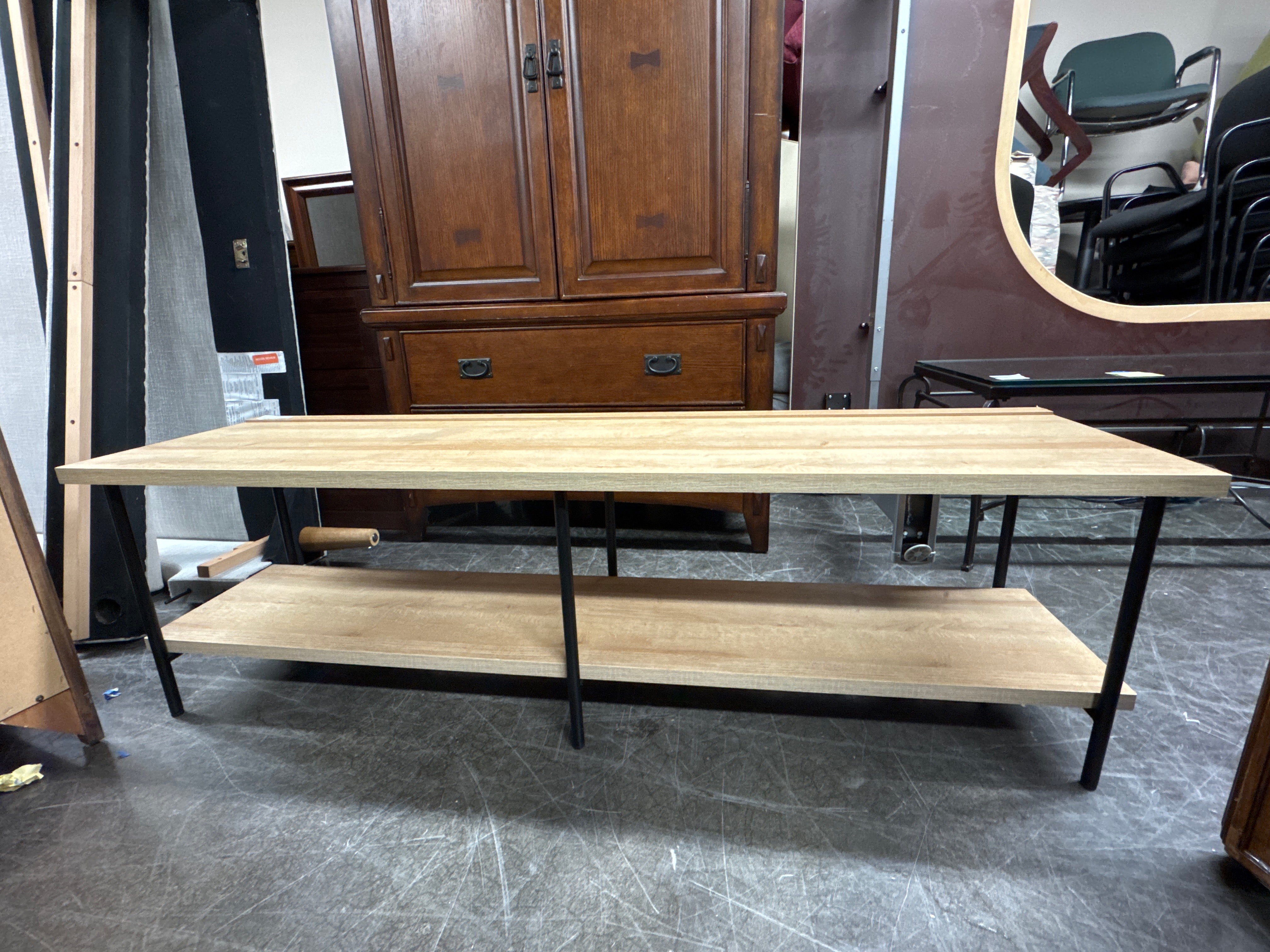 Two-Tiered Light Wood Console Table with Black Metal Legs