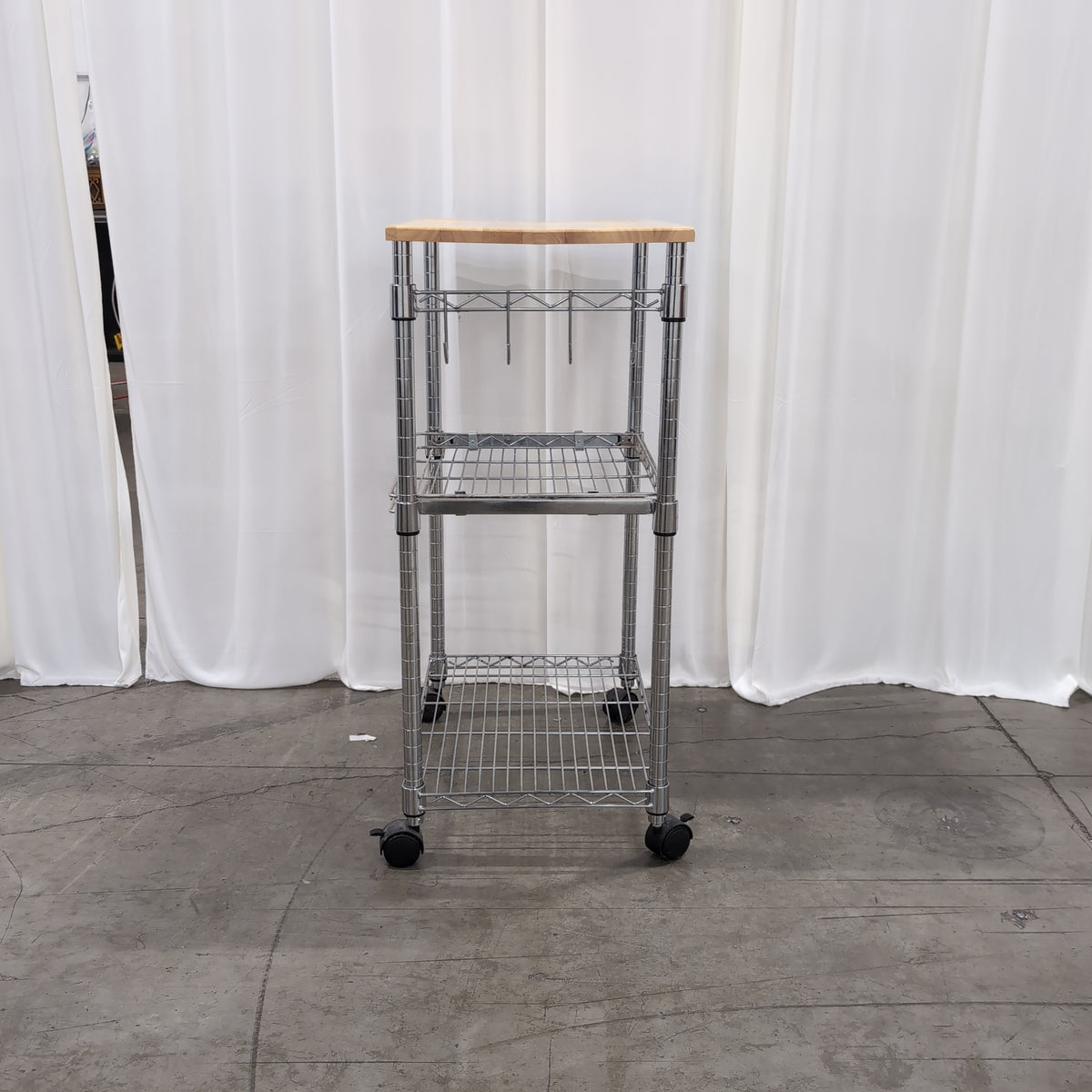 Silver Chrome Rolling Three-Tier Cart with Wood Top