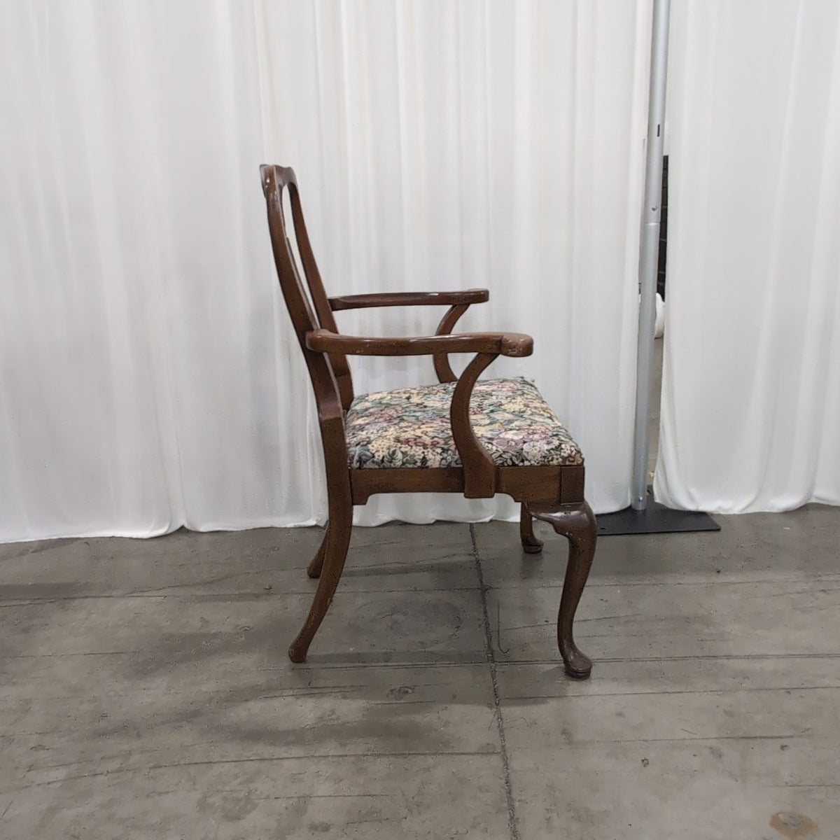 Queen Anne Style Dark Wood Armchair with Floral Upholstery
