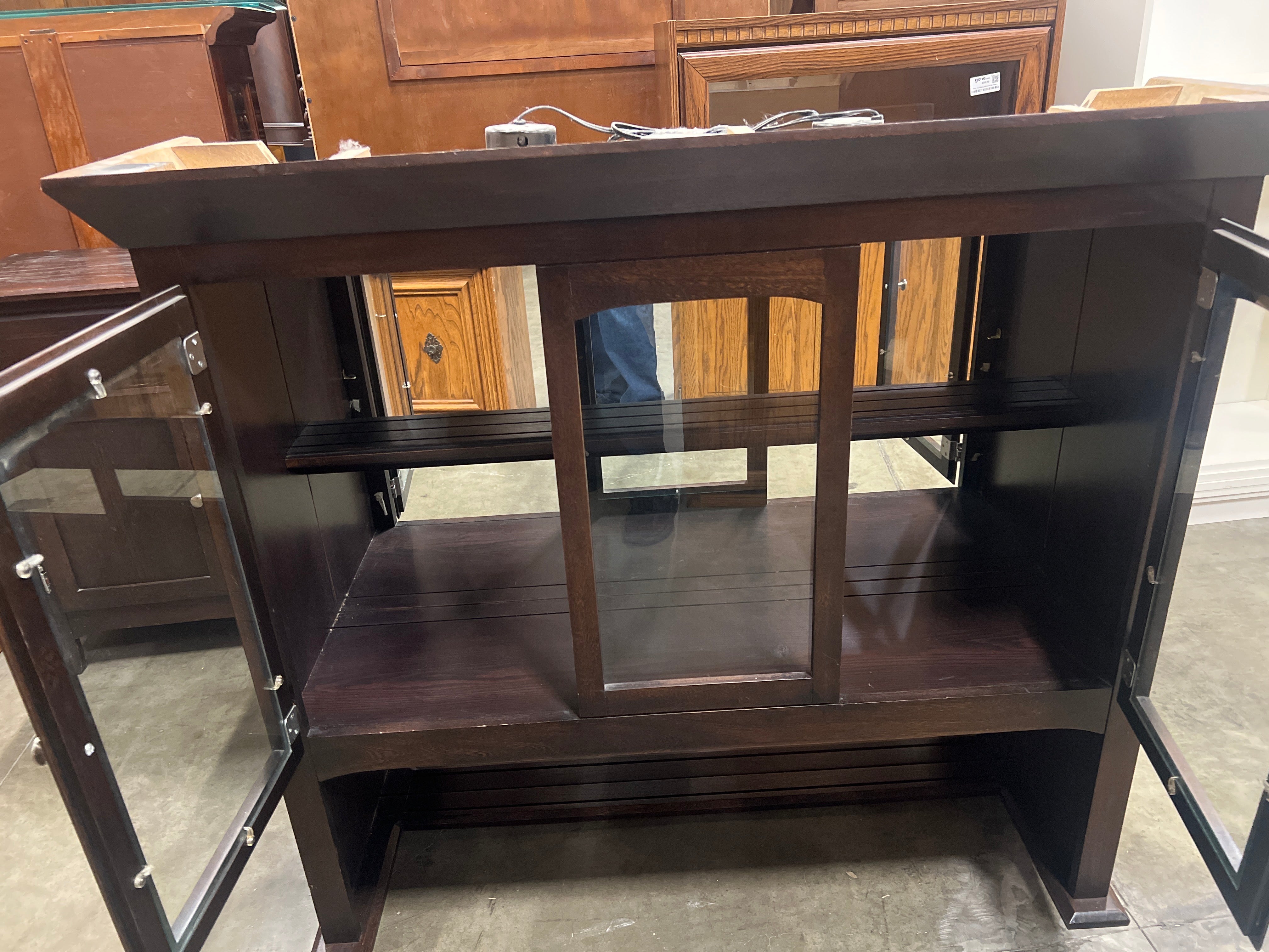 Two-Piece Dark Wood Display Hutch with Glass Doors