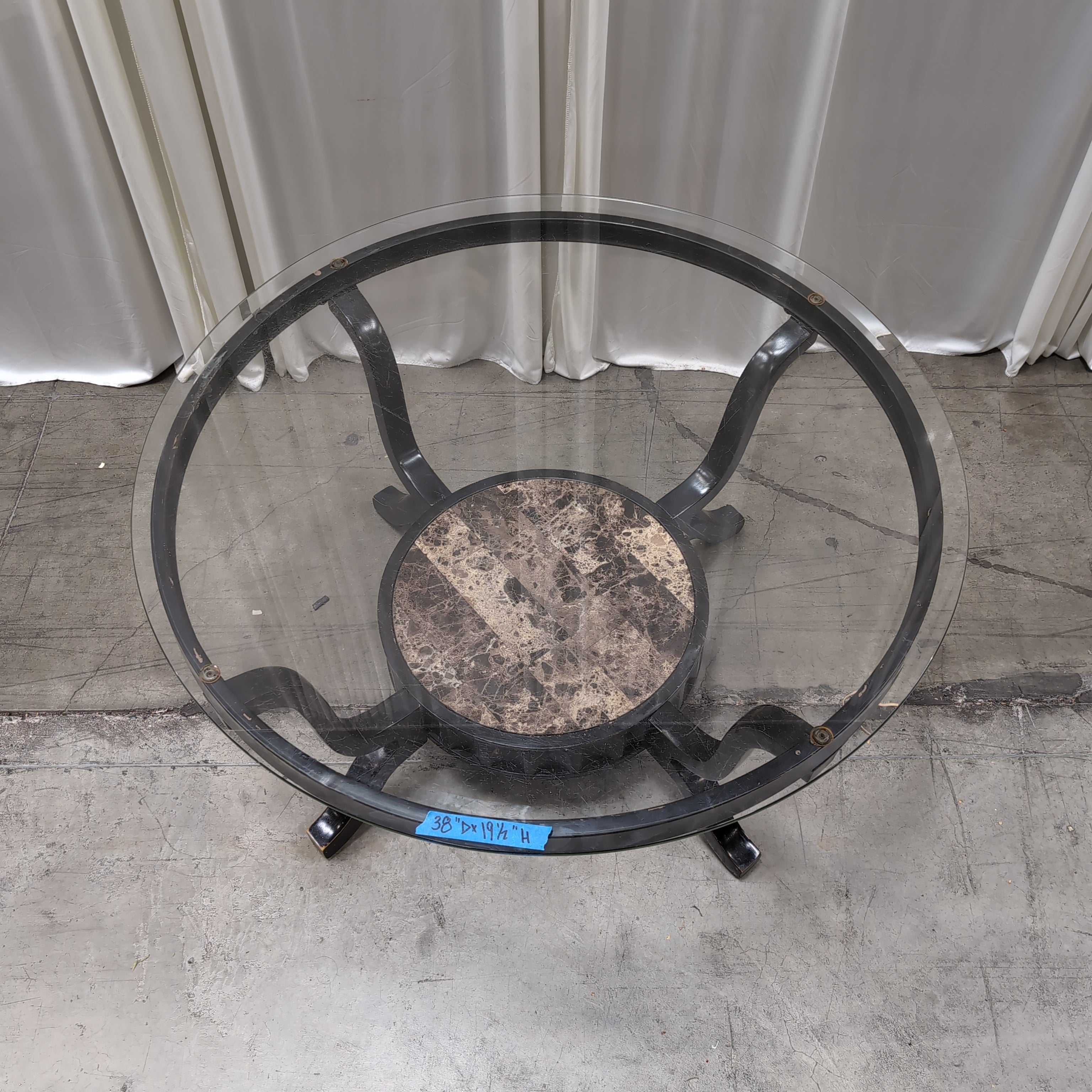 Black Metal Oval Coffee Table in Glass and Faux Marble
