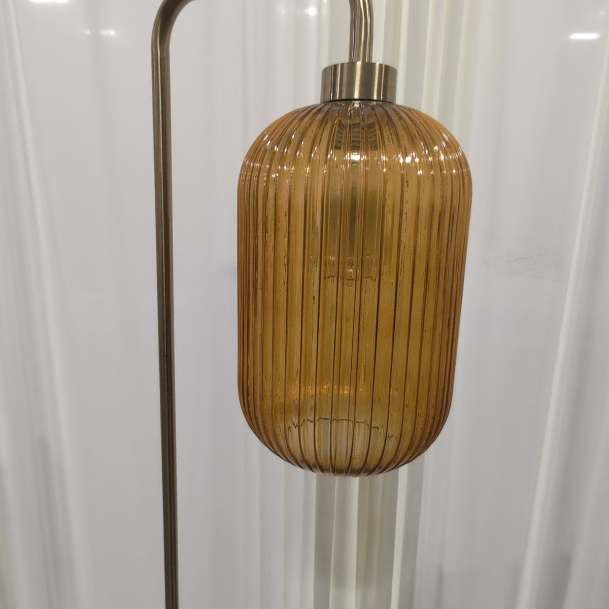 Gold-Tone Metal Floor Lamp with Amber Ribbed Glass Shade