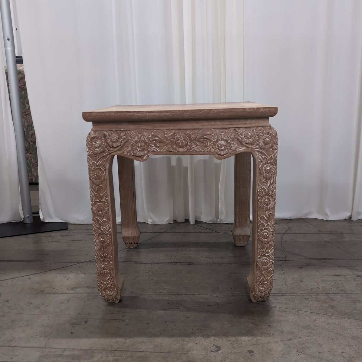 Ornate Carved Light Wood Square End Table