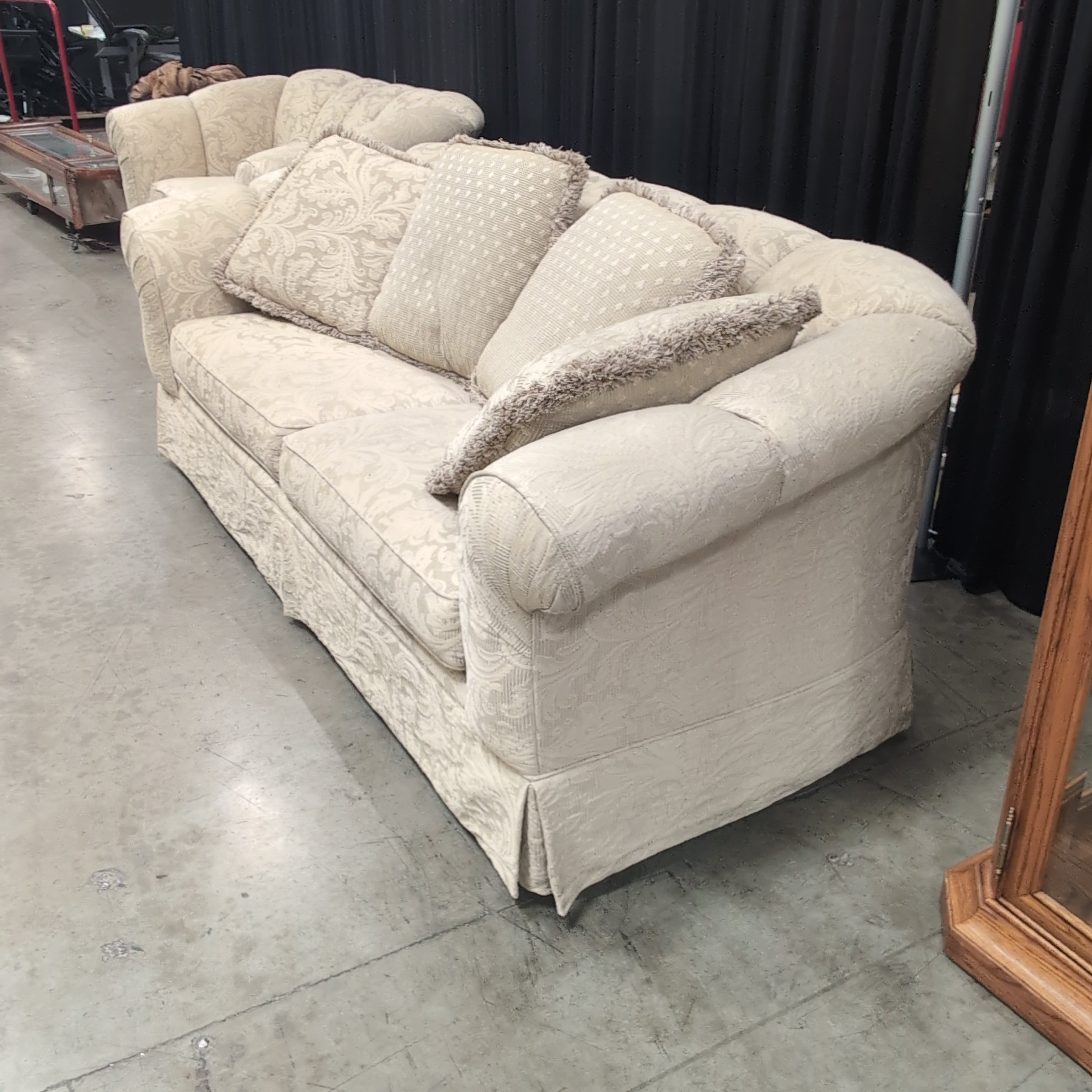 Traditional Beige Patterned Couch with Rolled Arms