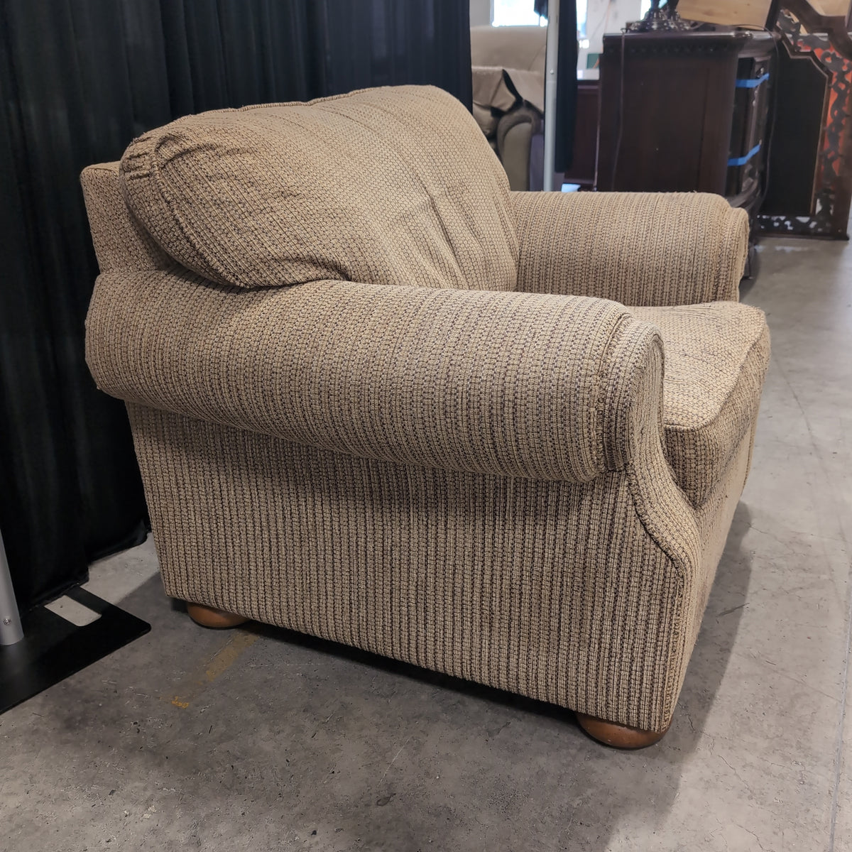 Tan Textured Fabric Armchair with Rolled Arms