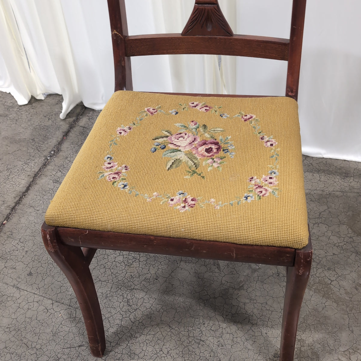 Traditional Carved Wood Dining Chair with Needlepoint Seat