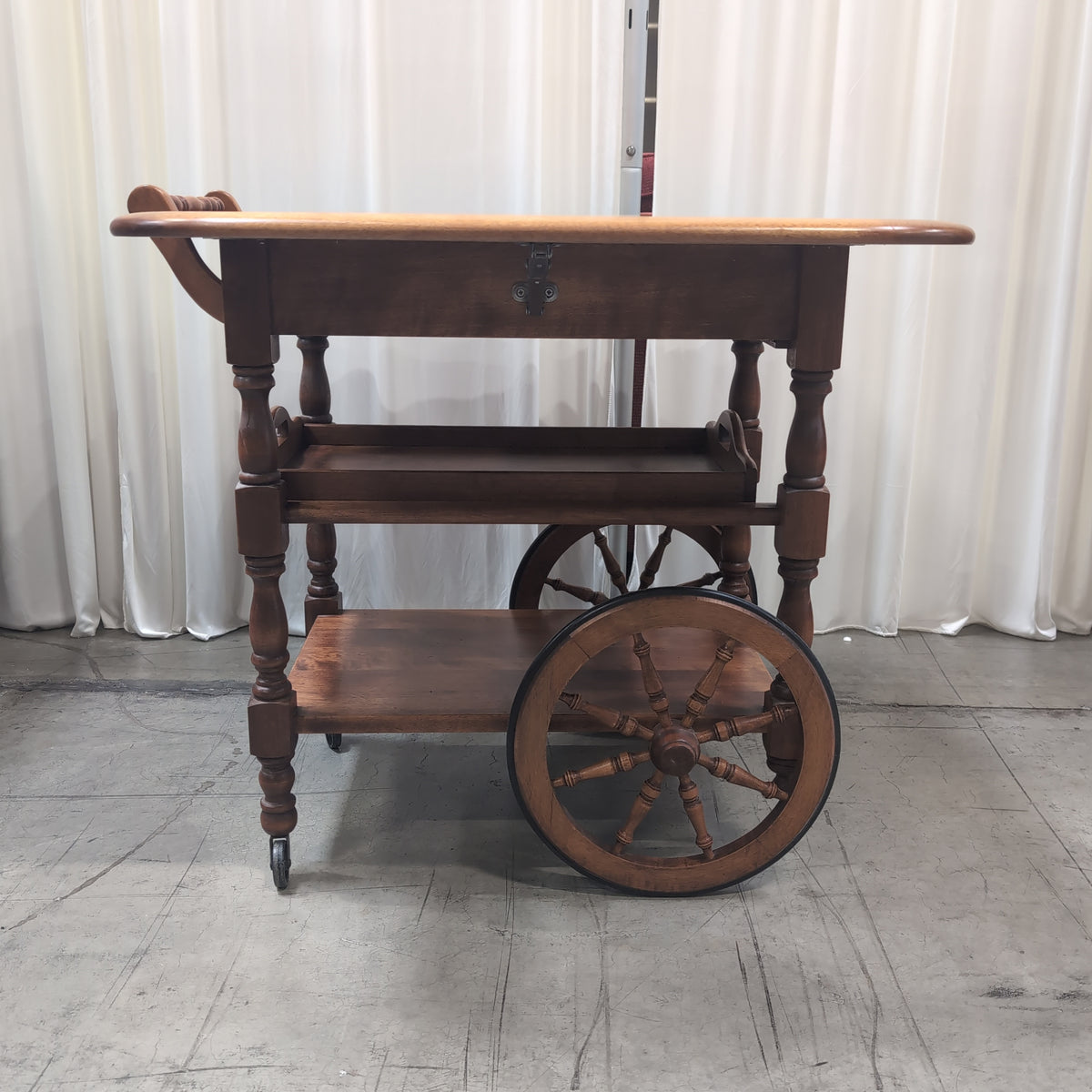 Medium Brown Wood Drop Leaf Rolling Tea Cart