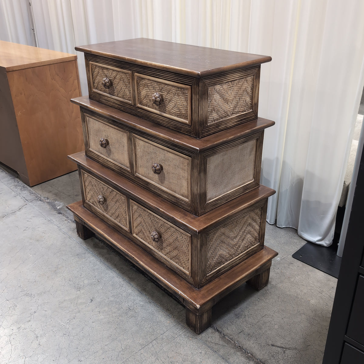 Tropical Brown Wood Six-Drawer Dresser with Rattan Fronts