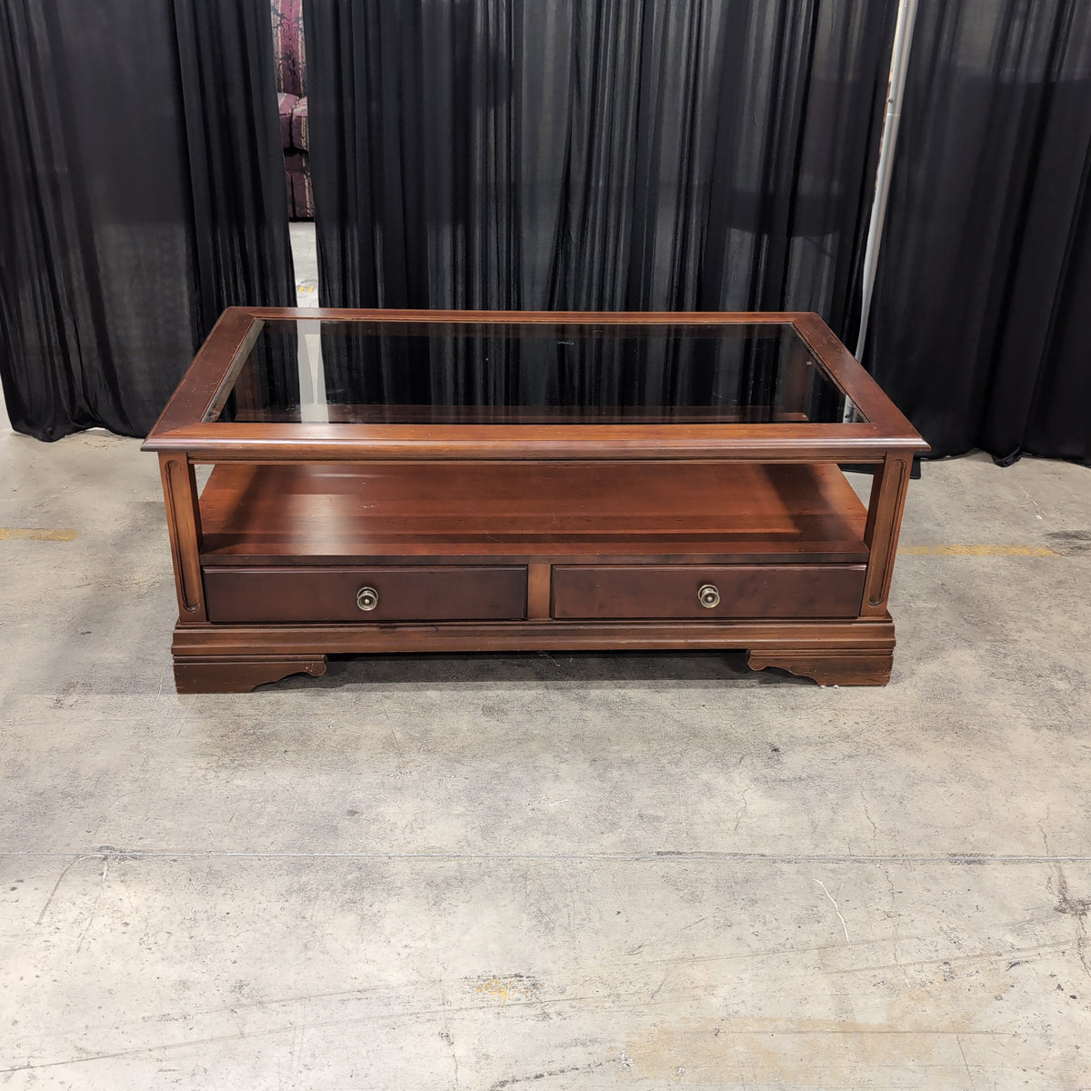 Dark Cherry Wood Coffee Table with Two Drawers