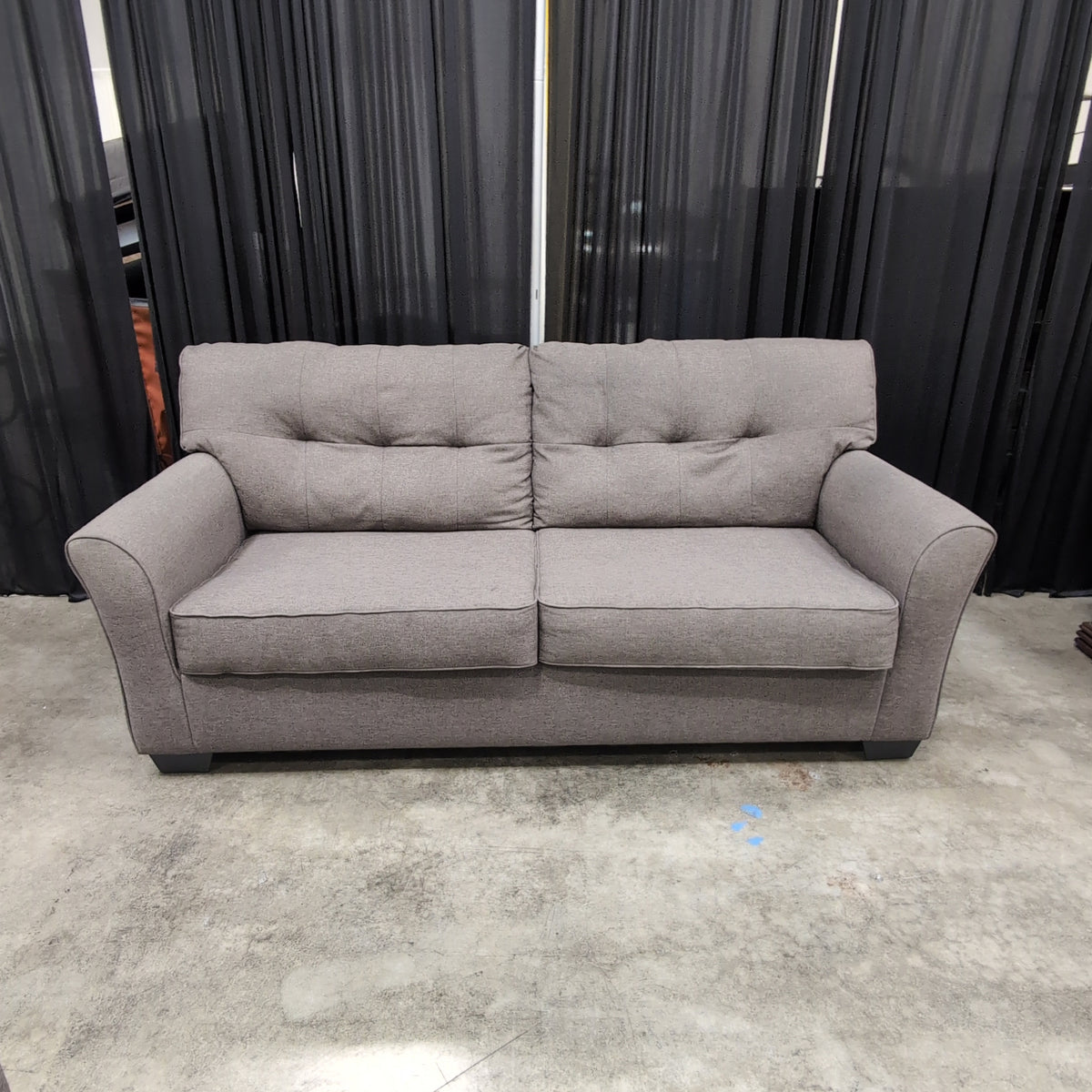 Grey Fabric Tufted Back Couch with Rolled Arms