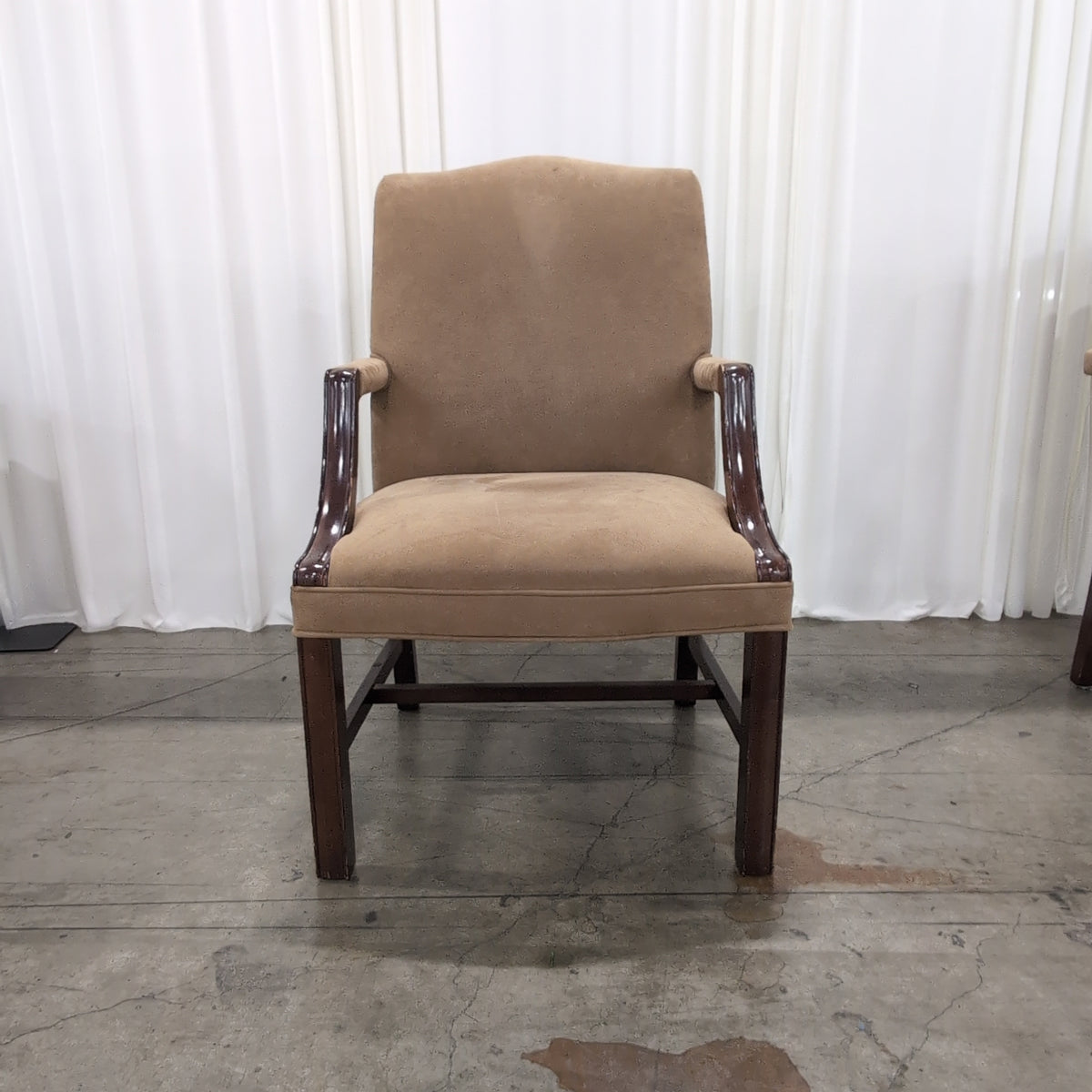 Tan Upholstered Arm Chair with Dark Wood Trim