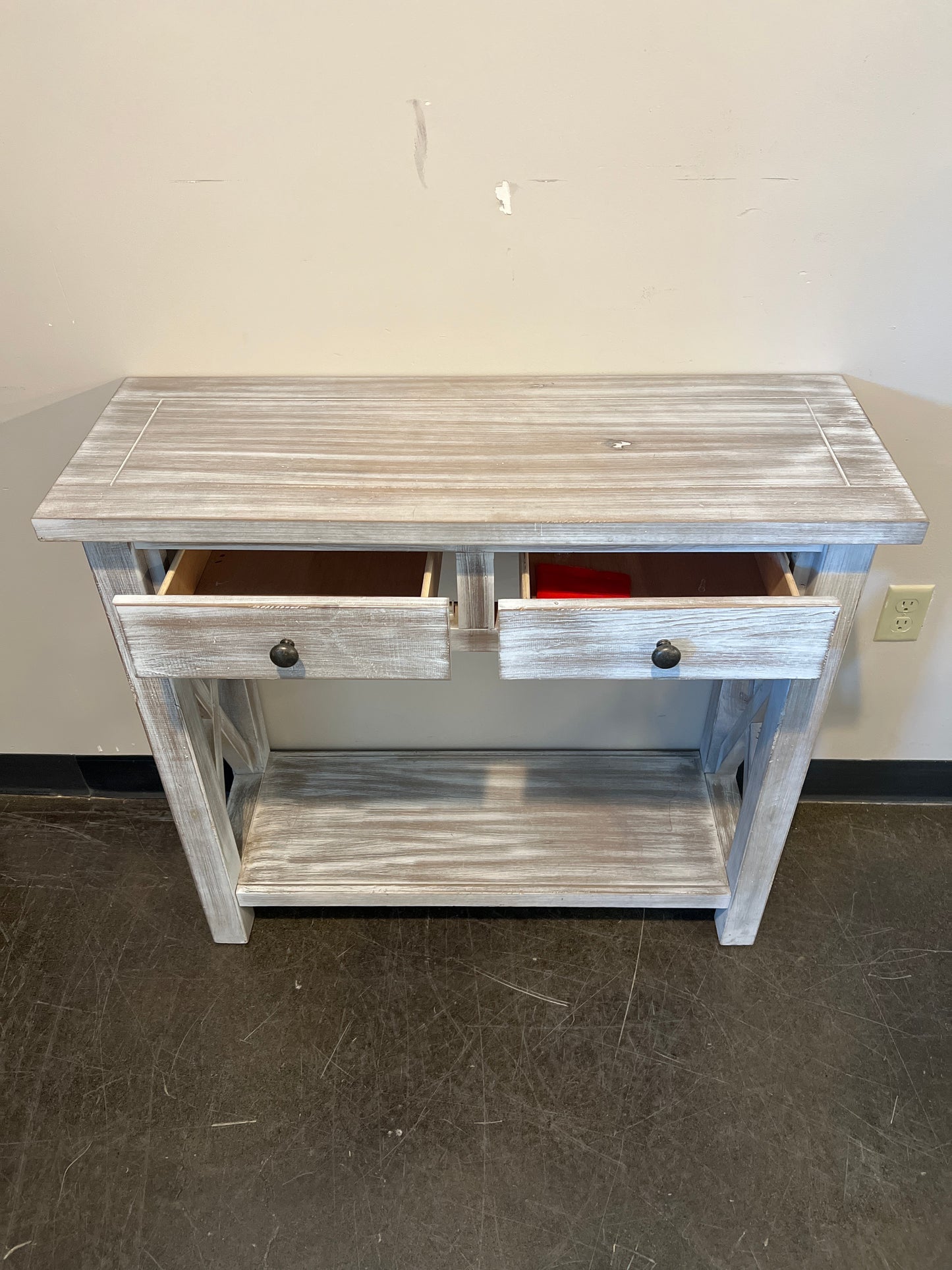 Rustic Whitewashed Wood Console Table with Two Drawers