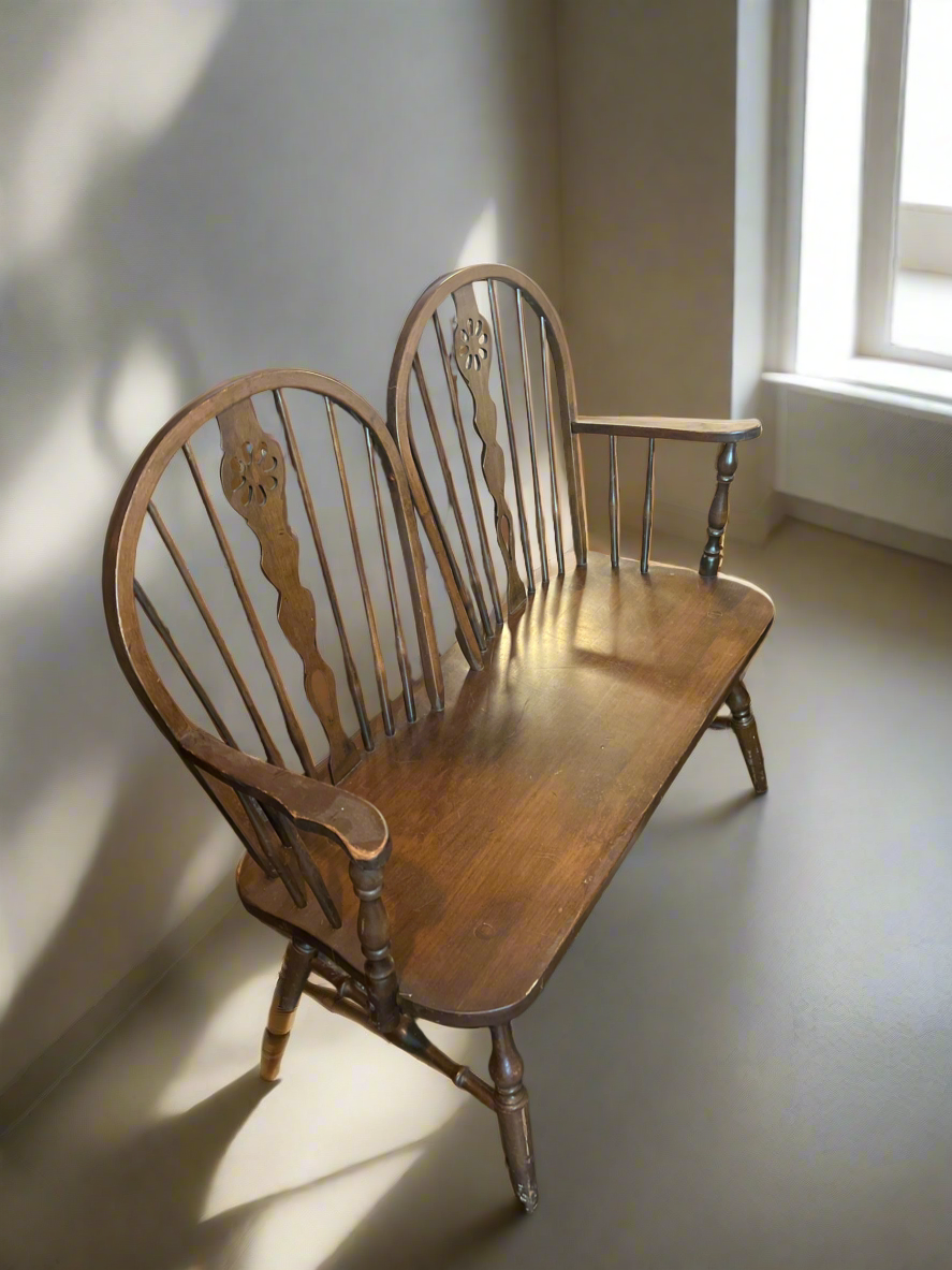 Vintage Wooden Windsor-style Bench with Spindle Back